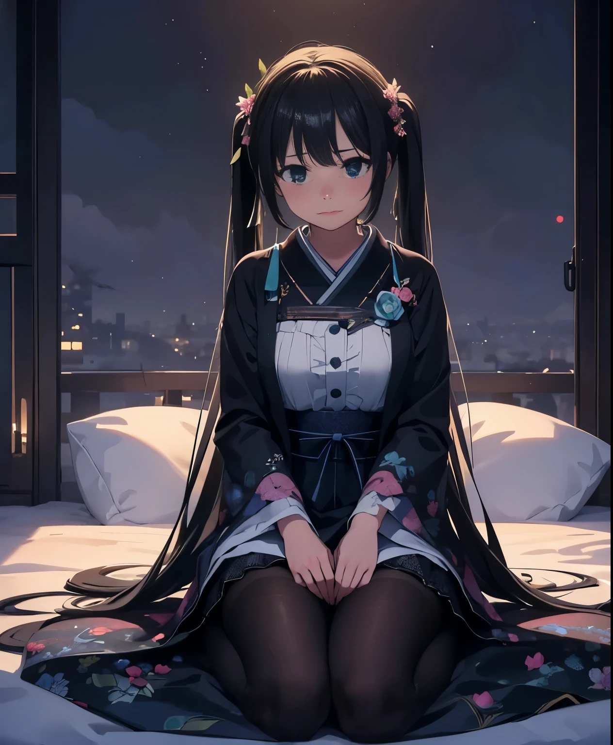 (masterpiece、highest quality、highest quality、official art、beautiful beautiful:1.2)、(1 girl:1.3)Hatsune Miku、twin tails,big breasts,A lily was quietly shining in the darkness。Its chastity iake you feel the darkness around you more deeply、noble beauty, on the contrary, It was alleviating loneliness and despair。Behind the glamorous beauty、There seems to be a hidden dark story.、Everyone was obsessed with the mystery。Japanese clothing、dark