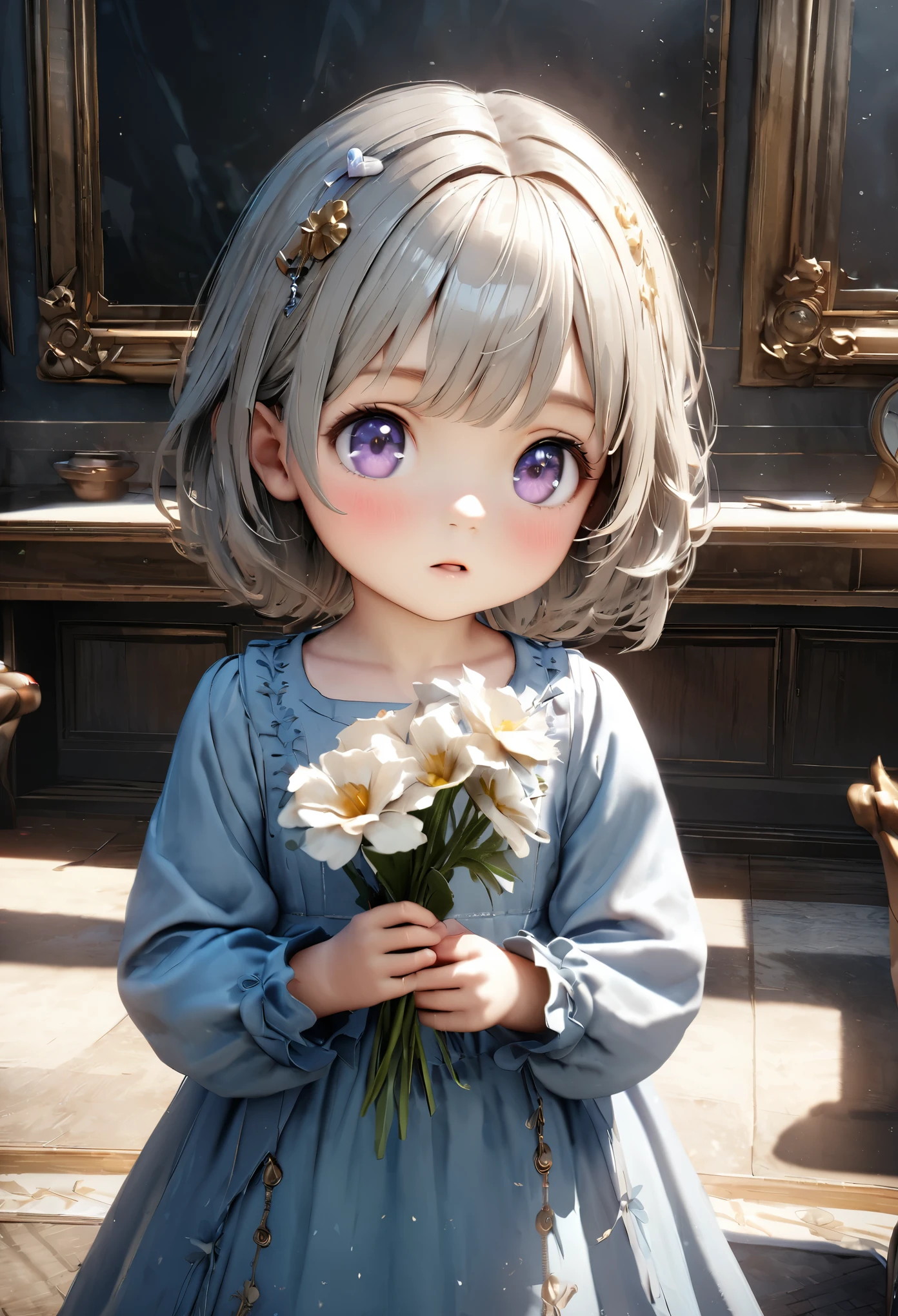 Masterpiece, Best Quality, Super Detailed, High Definition, Expensive Resolution, HDR, 4k, 8K, Unity 8k Wallpaper, Super Detailed CG, Masterpiece, Realistic, 2D, 3D, Beautiful Details, Depth, Fine Texture, Super Fine: 1.3, Fully Focused, Crispy.skin, .he, Very Cute Anime Girl About 3 Years Old, Expensive Silver Short Hair, One Girl About 3 Years Old, Alone, Pretty Blue Dress, Holding Flowers , looking at camera, expensive, blush, mole, parted lips, hair ornament, heart, purple eyes