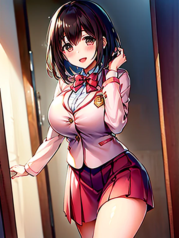 high quality,masterpiece。Cute brown-haired woman,The hairstyle is short hair。She stands upright with her face and body facing the viewer,true identity。her hands are empty,Both hands are not posed。she looks tall。Her breasts are huge and very big,Good style。she is smiling with a cute face,Both have brown eyes。Clothes are school uniforms,white shirt,Pink blazer,red skirt,Black stockings on both legs。she is standing,The place I'm standing is the classroom。