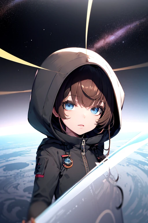 vramsonsie, brown hair, 1girl, solo, onsie, milky way, saturn, floating in space in the vast expanse of outer space, headshot, hood up, behind glass, three quarter view