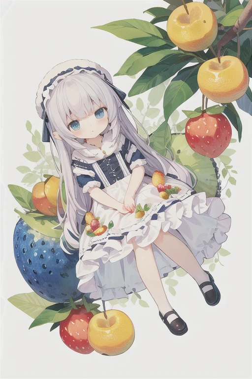 highest quality,(cute:1.1),(cute),(High resolution:1.2),incredibly absurd:1.3,incredible illustrations, 1 girl, alone, (fruit:1.5), (dress:1.2), faint smile, (cute illustration:1.2), (Fluffy illustration:1.2), full body,dutch angle