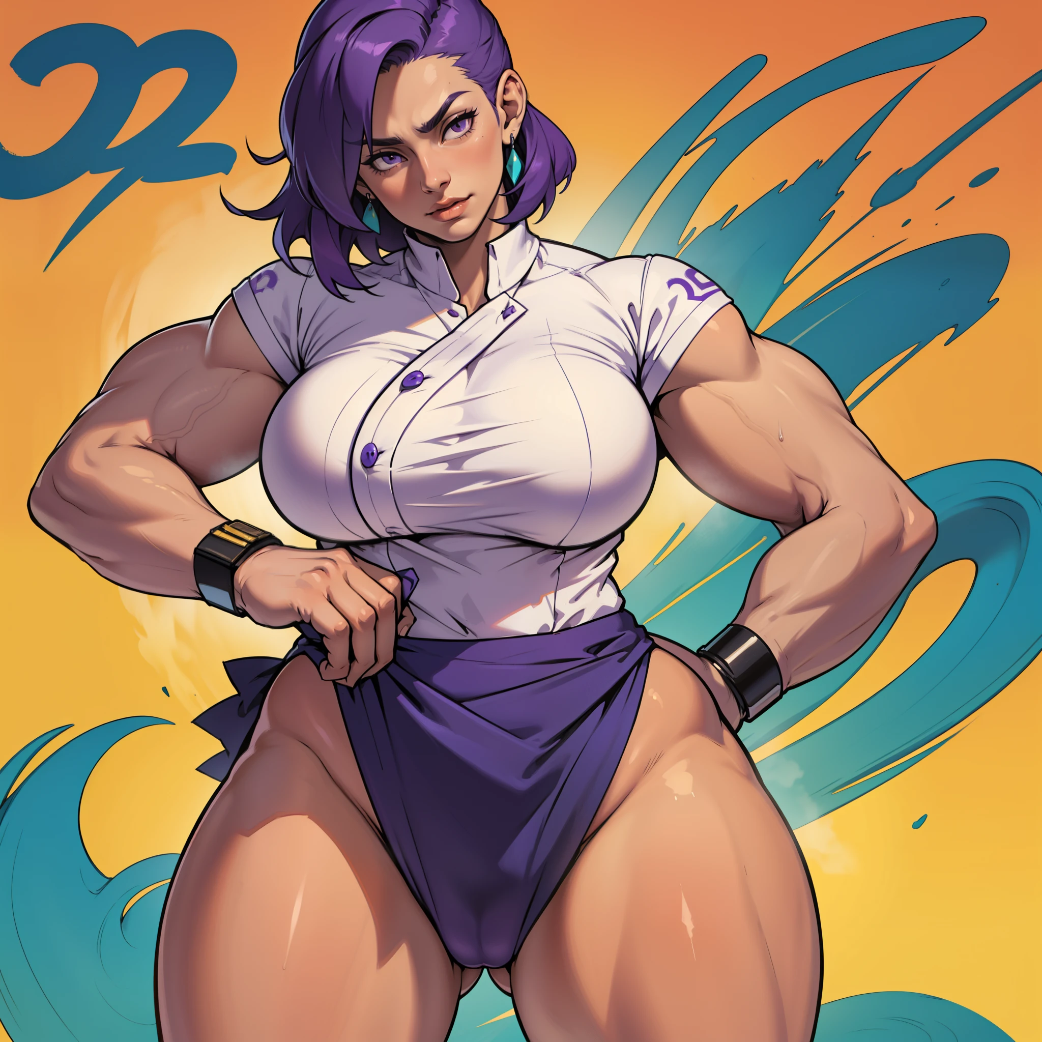 older woman in her 30s with short purple hair and tall curvy busty body seen the front, de frente seios grandes, bunda, (obra de arte, Melhor qualidade:1.2) homem mais alto no fundo musculoso de pele cinza dominador
