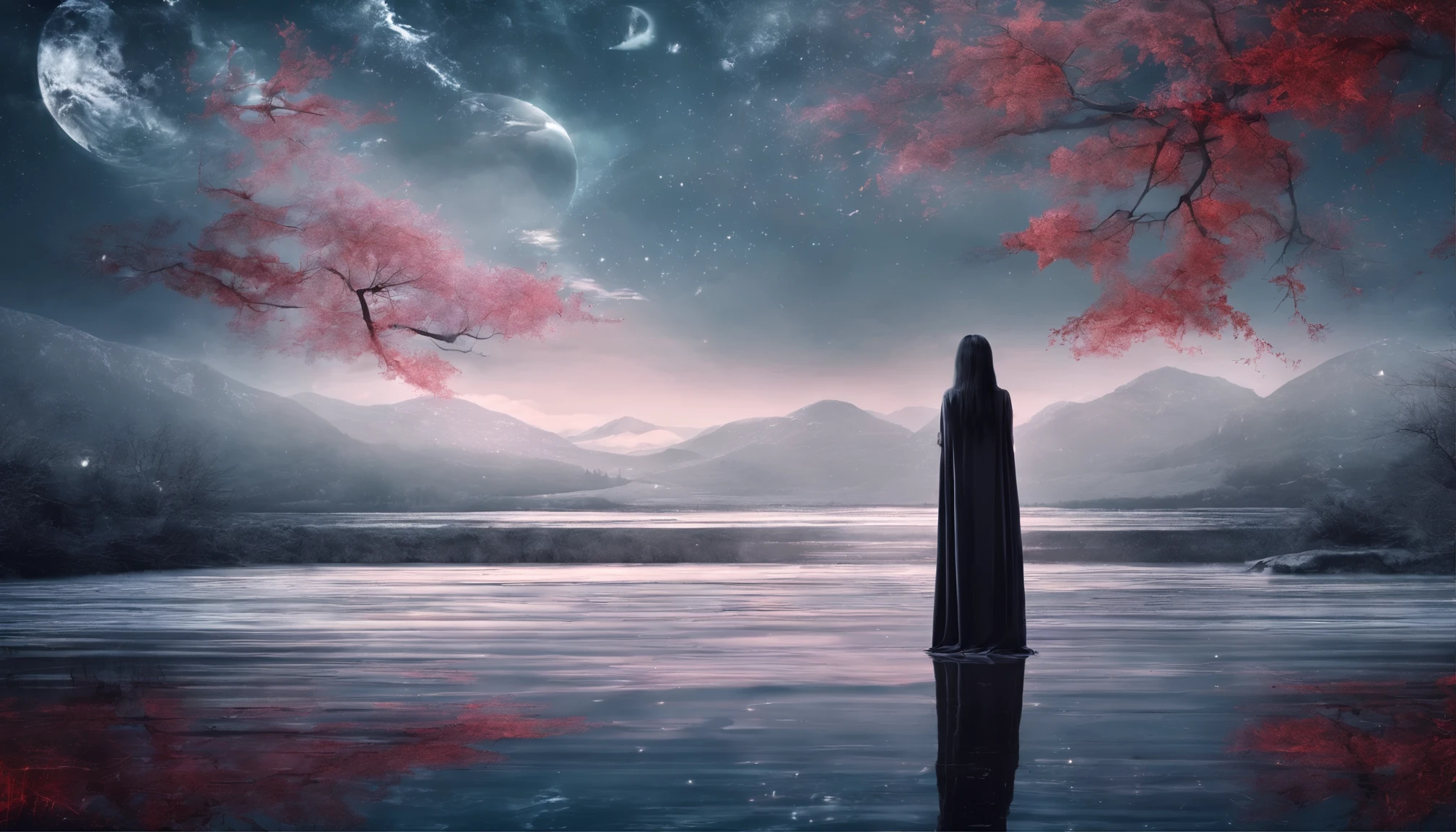 Photograph of the process that takes place in the text-to-image software with artificial intelligence in the first moments of generation.Beautiful woman with long straight hair with black hair and red highlights、sharp eye、Red Eyeliner、long lashes、Red Eyes、Fluttering and snow-white dress、Standing on a lake of mirrored water、Full body projection、Starry sky background