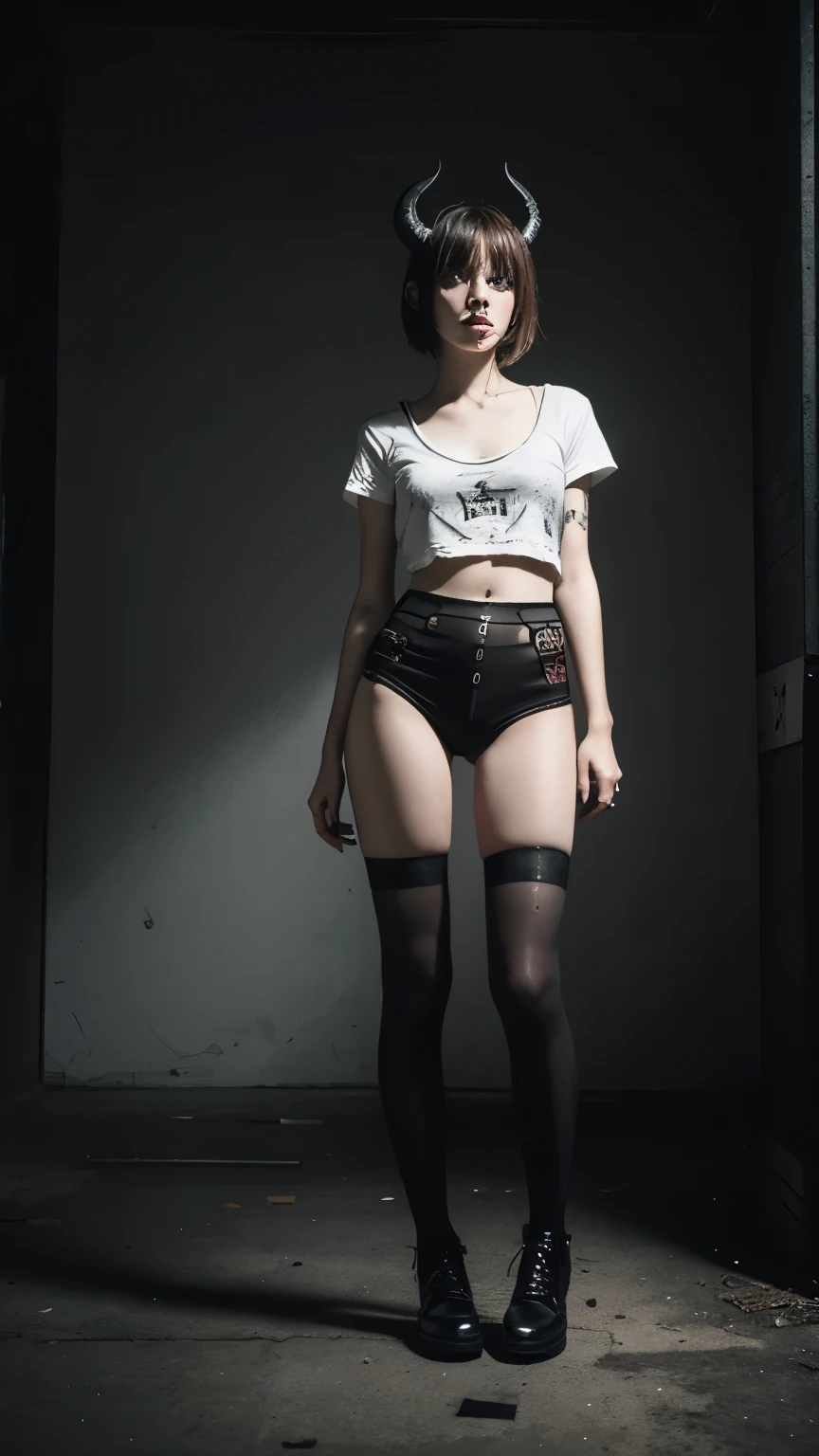 (Best Quality,hight resolution,Masterpiece, full body front view:1.2),Ultra-detailed,demon woman dressed in black t shirt and white panties, t-shirt and high wasted panties,sickly,standing on a punk background, white panties, black punk style t-shirt, punk demon girl, centered subject,gloomy ecstasy,fetish,dark fashion photography, creepy but sexy, gritty texture,devil horns,warped reality,melancholic expression on her face,mysterious aura,foggy atmosphere,foggy red background,red color palette,provocative pose,Strong emotions,Coming Out of the Depths of Despair,Piercing gaze,intense shadows,Plunged in Darkness,dark industrial aesthetic,ominous vibe,A supernatural sensation,Loss of Place in Time and Space,Eerie silence.asymmetrical bangs, freckles, blonde short hair, Bangs, freckles, gray eyes,