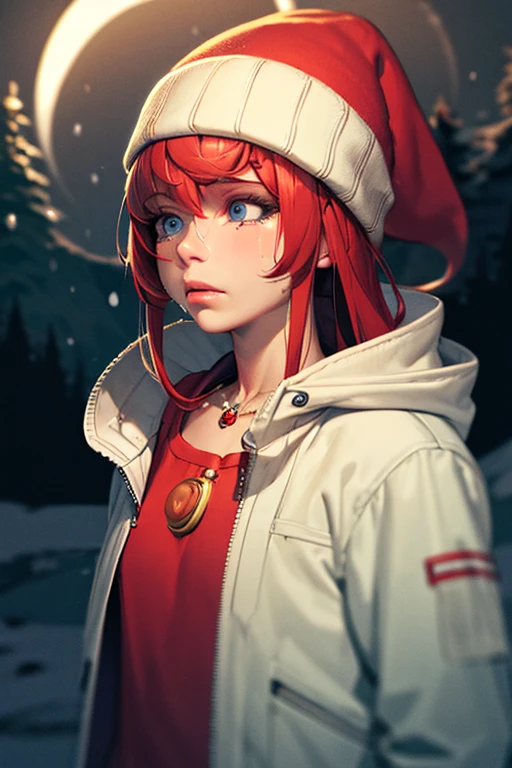 (AshleyUntil:1.1), 1girl, solo, beanie, hat, jewelry, necklace, long hair, realistic, hood, blue eyes, blood, parted lips, hoodie, jacket, blood on clothes, dark background, upper body, dark, red hair, masterpiece, best quality, cinematic lighting, night, snow, mountain, moon, winter, switzerland, pine trees, cleavage, gloomy, sad, crying, tears,