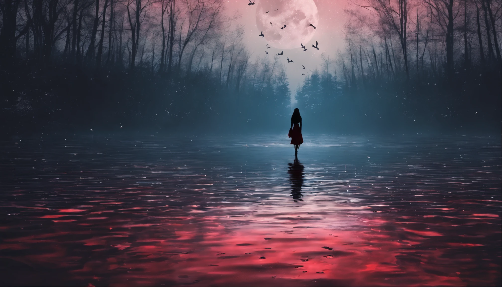 Photograph of the process that takes place in the text-to-image software with artificial intelligence in the first moments of generation.Beautiful woman with long straight hair with black hair and red highlights、sharp eye、Red Eyeliner、long lashes、Red Eyes、Fluttering and snow-white dress、Standing on a lake of mirrored water、Full body projection、Starry sky background