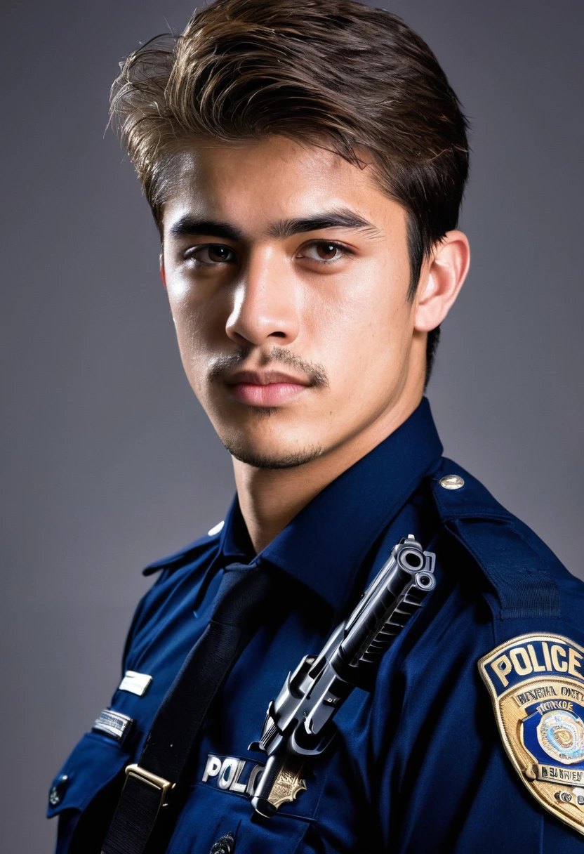 ung handsome guy，20-25 years old，police officers，Interpol，Police Department，With a gun，Handsome，musculous，Thin muscles，hairy bodies，Police uniform（Fine eye 1：3），Black eyes，full bodyesbian，full bodyesbian