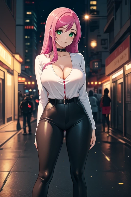 1 girl, 19 years old, Long pink hair, green eyes with slit pupils, master-piece, best quality, (standing up), (white crop blouse), (tight long sleeve white crop blouse, black pants, bright red heels, cleavage),  (Big , ultra gigantic , Super super big, Glamorous body), Make eye contact with the camera, front figure, looking forward, (light_Smile:1.5), (Detailed hands and fingers:1.2) (Cyberpunk City), (FULL BODYSHOT), thighs thighs thighs thighs、beauty legs、Bare legs