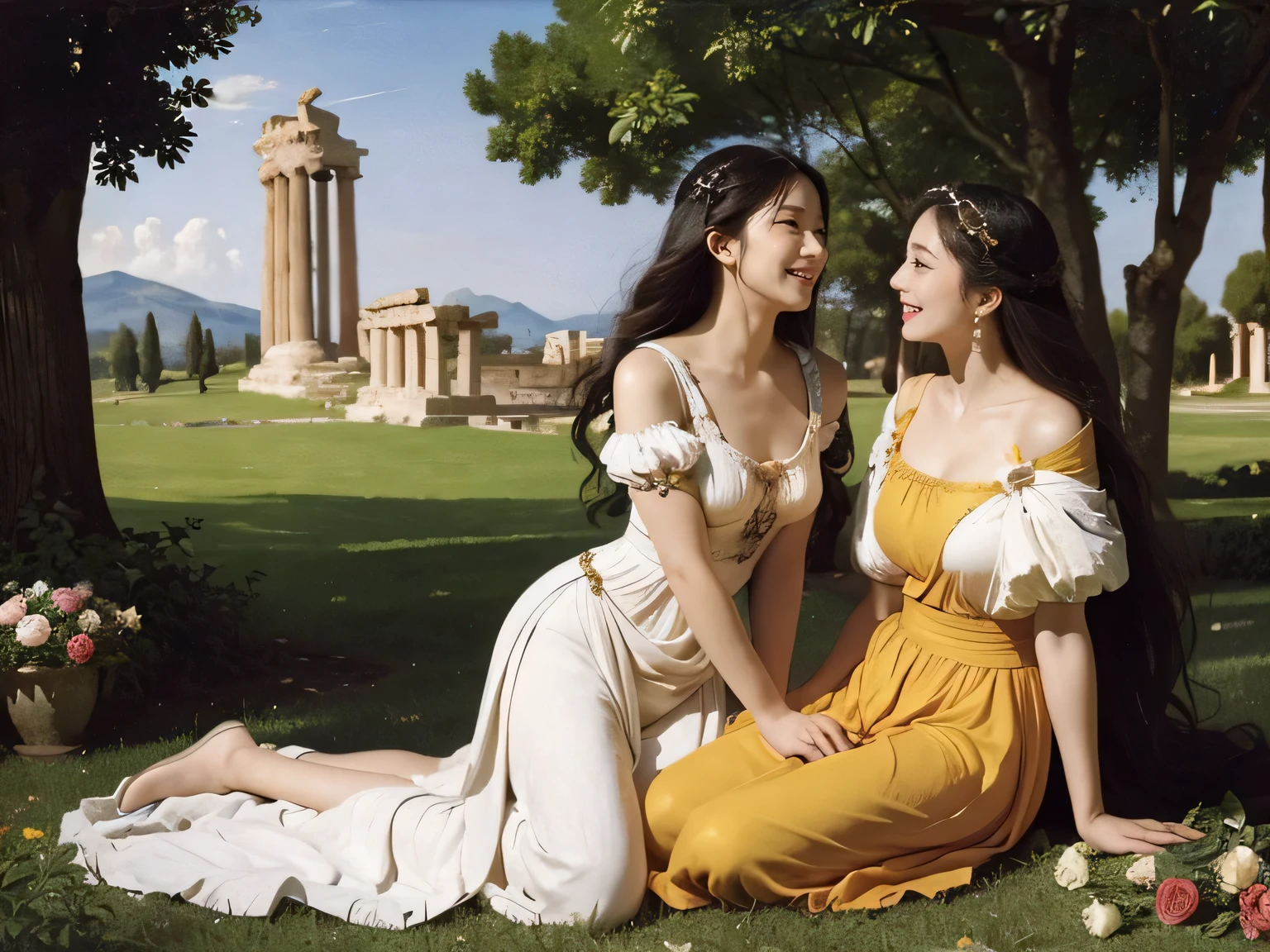 full body portrait or statue、Giorgione painting style,Arguments of two female Philosophe,math、astronomical machine、astronaut、roses in vase、fruits、Cute trinkets、smile、ancient greek costume、Ancient Roman landscape in the style of Nicolas Poussin,laughter,,Sweet and seductive appearance.、Caravaggio's paintings、Chiaroscuro of Caravaggio、hair tousled by the wind,Two women frolicking,cute smile, expression of ecstasy,Sexy,erotic
