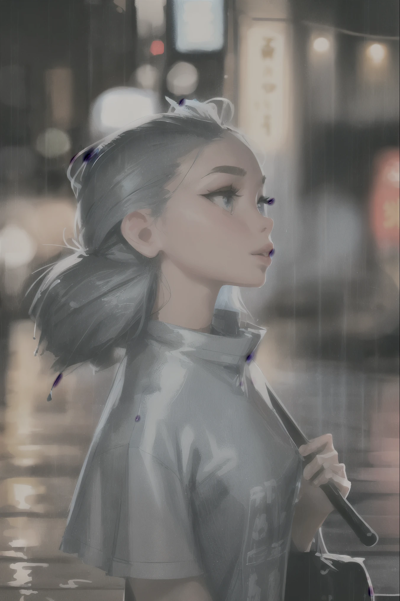 sam yang,1girl,blue eyes,lightblue hair,blurry background,bangkok,lips,long-tailed,tit,looking up,medium hair,profile,solo,best quality,ultra-detailed,realistic,photorealistic,portrait,light and shadow,streetfood,night,baggy clothing, light tshirt with print, rain, umbrella