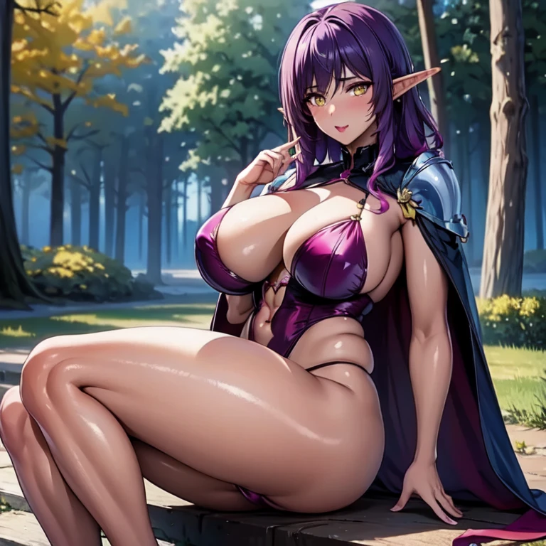(masterpiece, highest quality:1.2), 1 girl, alone, purple hair, long hair, pink ombre hair, dark elf, white skin woman, huge breasts, revealing clothing, yellow eyes, cape,