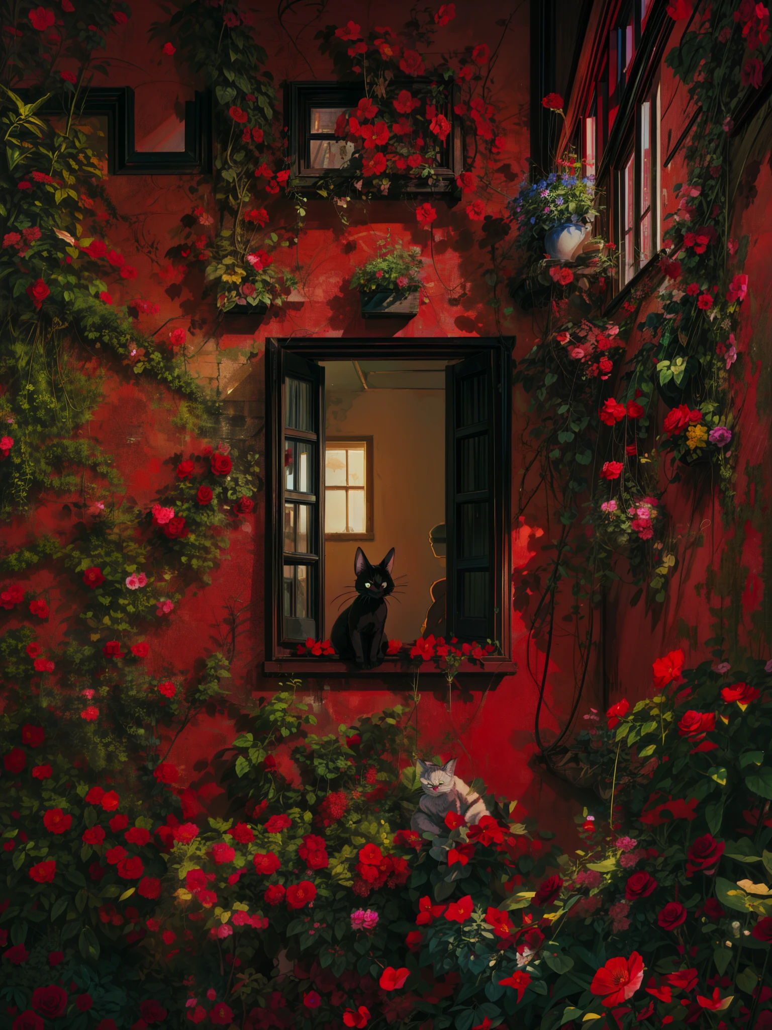 a cat sitting in a window surrounded by red flowers, red wallpaper background, red wallpaper design, photo of a beautiful window, red wall, black and red background, roses background, the window, deep red background, open window ib background, open window at night, in a red dream world, by Igor Zenin, window with flower box, cozy wallpaper, 4k hd,, beautiful art uhd 4 k, a beautiful artwork illustration, beautiful digital painting, highly detailed digital painting, beautiful digital artwork, detailed painting 4 k, very detailed digital painting, rich picturesque colors, gorgeous digital painting