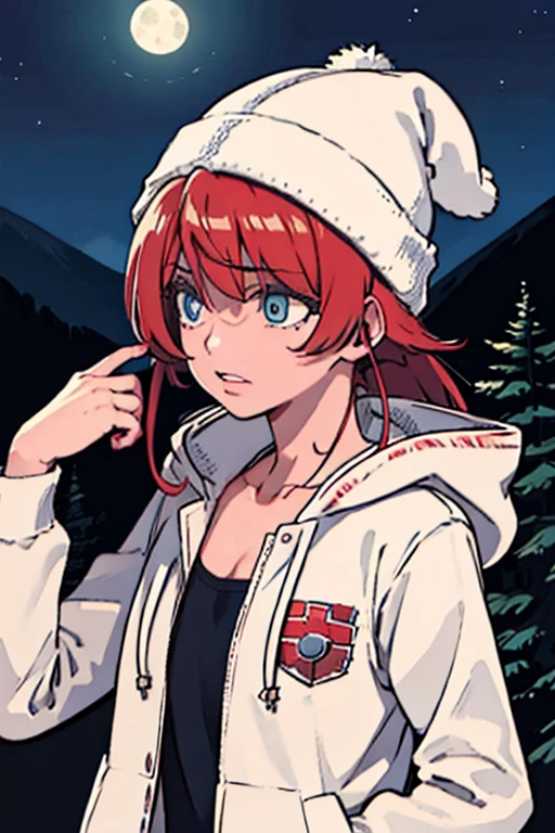 (AshleyUntil:1.1), 1girl, solo, beanie, hat, jewelry, necklace, long hair, realistic, hood, blue eyes, blood, parted lips, hoodie, jacket, blood on clothes, dark background, upper body, dark, red hair, masterpiece, best quality, cinematic lighting, night, snow, mountain, moon, winter, switzerland, pine trees, cleavage, gloomy, sad, crying, tears,