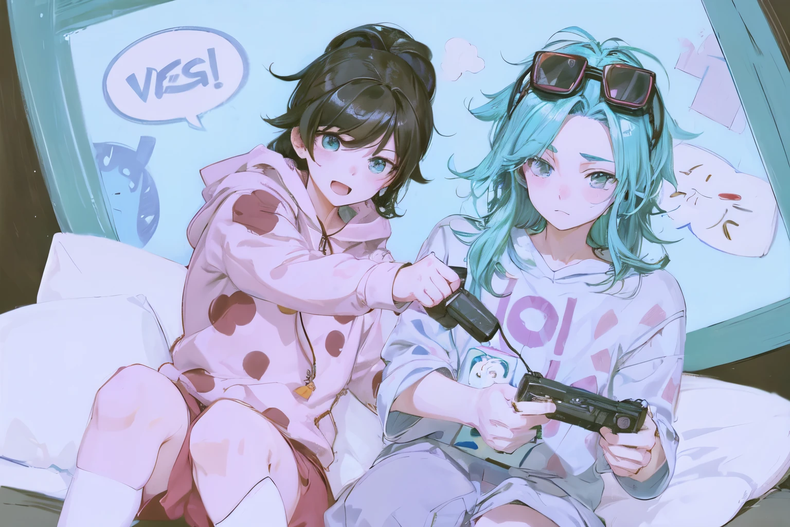 Cartoon characters playing video games on bed with pillows, 2D anime style, High quality fan art, Highest rated on pixiv, Squid Games, Game art!!, trigger anime art style, Pixiv Contest Winners, play games, 1980s anime art style, ig studio anime style, author:Okada Kita Sanshin
