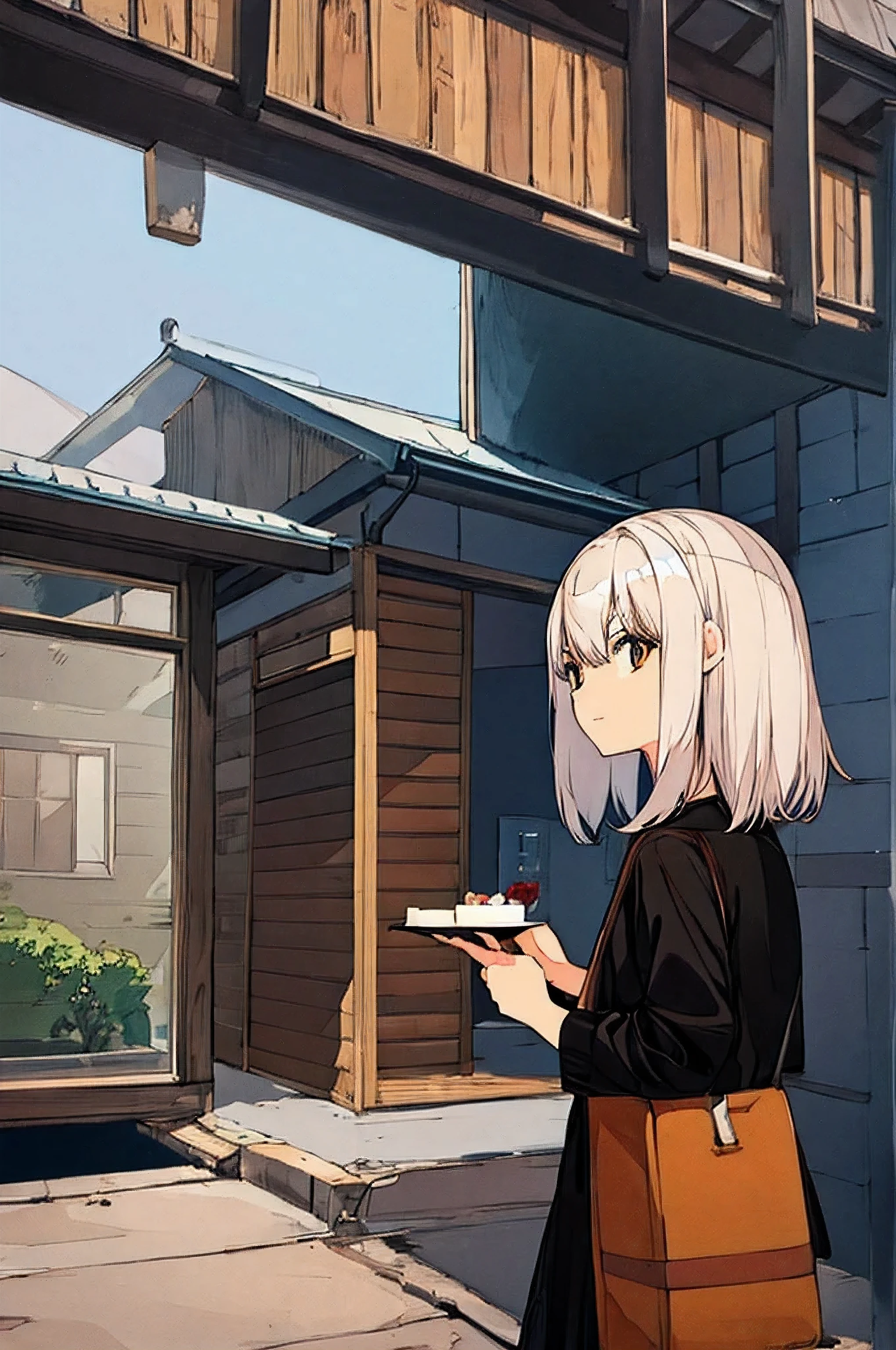 3 girls, White Fox Girl, Gray Fox Girl, Black Fox Girl, holding cake, Wooden House background, Good Quality, High Quality, anime