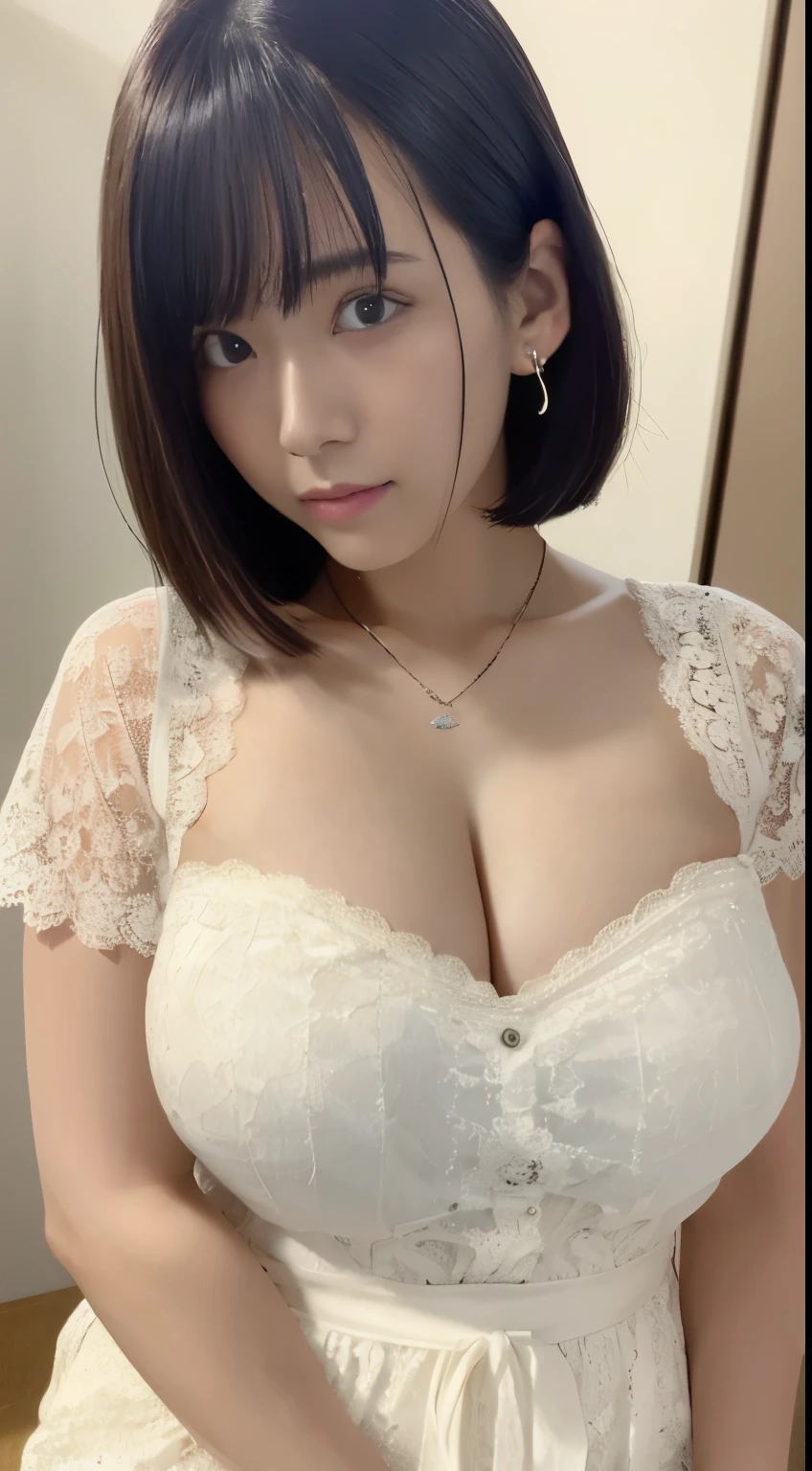 (genuine), (Photoreal:1.36), 1 girl, I'm shy, japan beauty, 25 years old, short hair, brown hair, messy hair, necklace, earrings, short sleeve, (white lace shirt: 1.2), blue jeans, Tokyo Station, plump breasts, thin waist, perfect style, shallow depth of field, (masterpiece: 1.3), movie lighting, (highest quality), Super detailed, (8K)