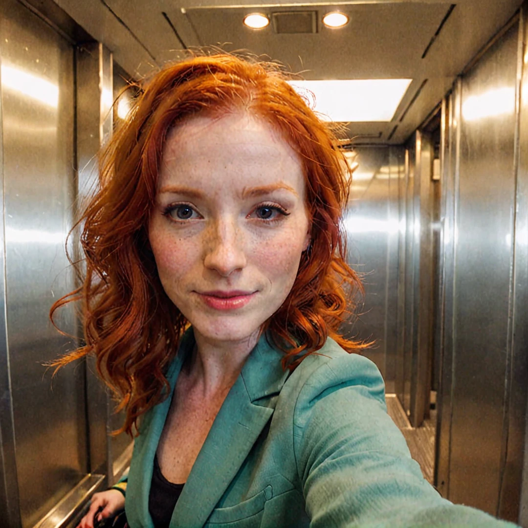 A redhead woman in a dressed selfie dans un ascenseur 