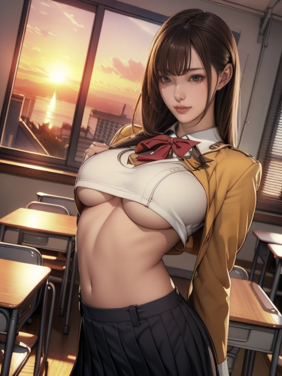 (8k,Photorealistic, masutepiece, Best Quality, Raw photo:1.3)、1girl in, 18years old,Solo,school girl, Long hair, Brown hair, Detailed beautiful face, alluring face, (Detailed beautiful brown eyes:1.2), medium breasts,(underboob:1.3),(coverd nipples:1.1),(loos sailer uniform :1.35), ( Perfect body skinny beauty: 1.4),( temptation Pose:1.3), (Looking at Viewer, front view,eyes focus:1.2), Detailed background, (sunset:1.2), classroom,fine detailed, intricate detailes,  Ray tracing, depth of fields, seductive smile,classroom,