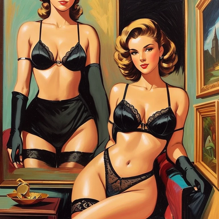 A sensual Rachel Cook, wearing stockings and black lingerie, pin-up painting from the '50s, in the art style of Gil Elvgren, award-winning, masterpiece