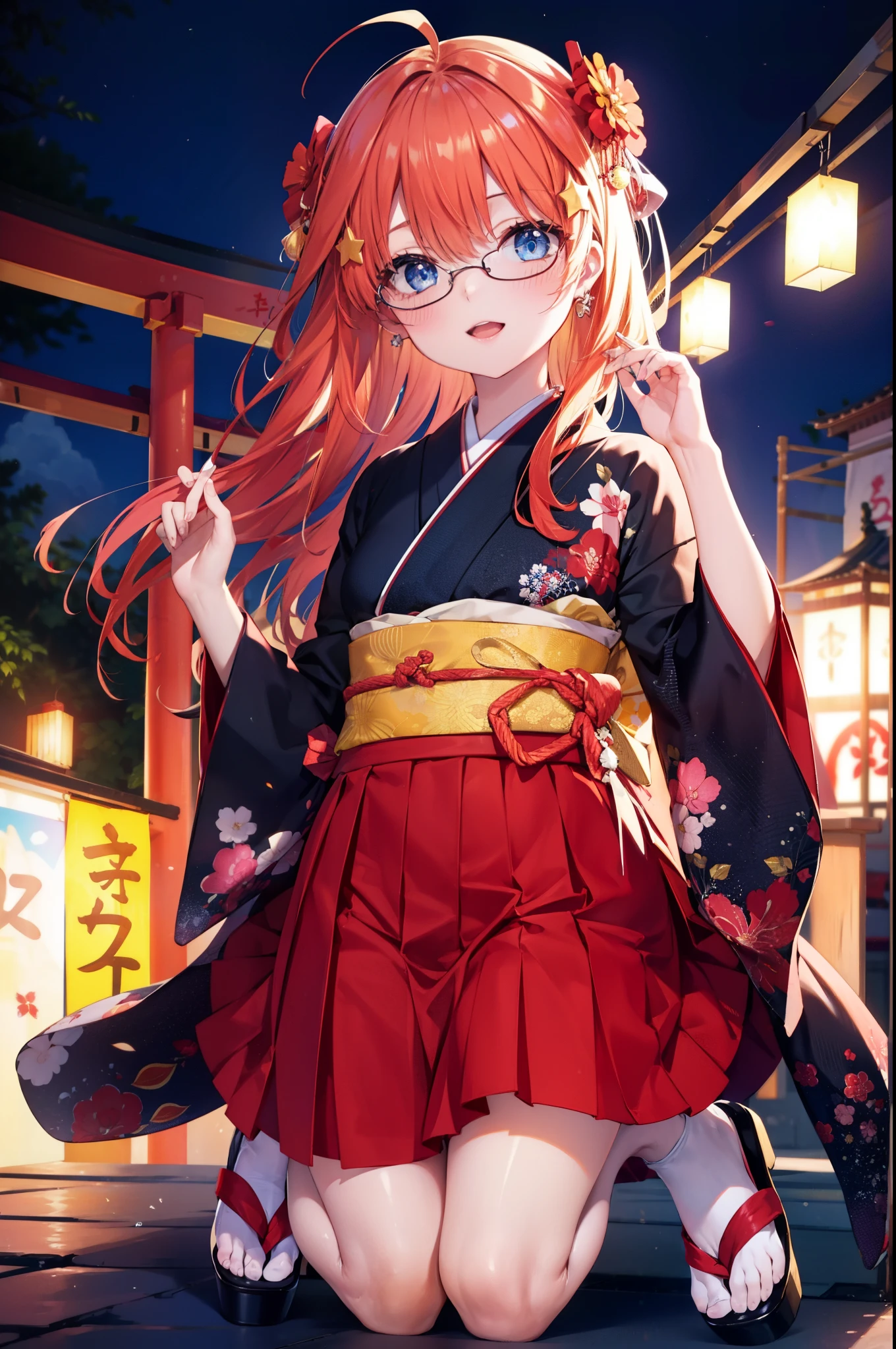 itsukinakano, itsuki nakano, bangs, blue eyes, hair between eyes, Ahoge, redhead, star \(symbol\), hair ornaments, star hair ornaments,Akagi glasses,smile,blush,happy atmosphere,open your mouth,long hair,tie your hair back,Red gorgeous kimono,night空のfirework,firework,Zori sandals,japanese festival,summer festival stalls,red lantern,night,Make sure the whole body is included in the illustration, night
break outdoors, shrine,
break (masterpiece:1.2), highest quality, High resolution, unity 8k wallpaper, (shape:0.8), (fine and beautiful eyes:1.6), highly detailed face, perfect lighting, Very detailed CG, (perfect hands, perfect anatomy),