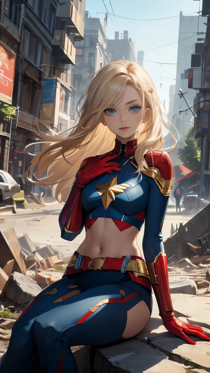 (Highly quality, masterpiece, detailed), destroyed city detailed scenario, destroyed city detailed background, solo, 1 woman, gold hair, long hair, blue eyes, cptMarvel, Cropped top 1.4, sleeves, red gloves, belt, sitting on a rock, beautiful eyes, Sexy pose 