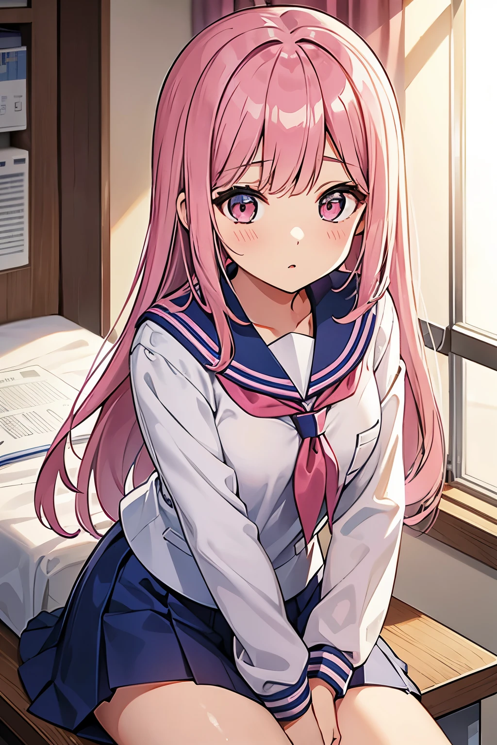 A pink-haired high school girl in a sailor uniform in the nurse&#39;s office、I am taking a rest due to feeling unwell due to the change of seasons.