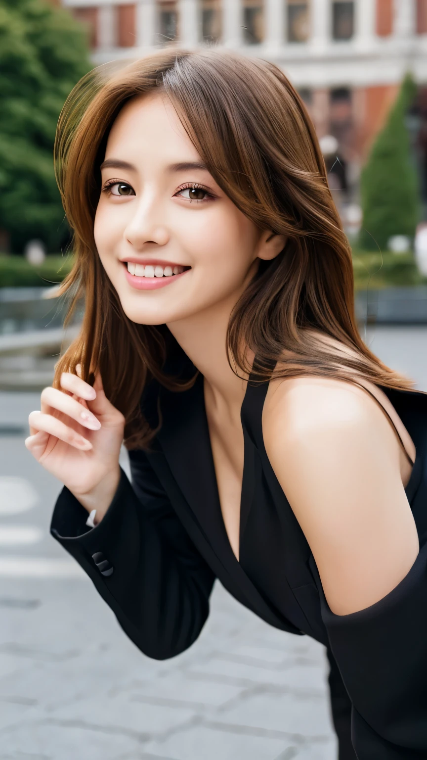 best quality, ultra-high resolution, real, photorealistic, 8K, BREAK, a super-fashion model, Japanese, (full body:1.4), BREAK, highly detailed hair, glossy light brown hair, detailed face, highly detailed eyes, brown eyes, detailed skin, (white skin), detailed lips, (smile, drunk), BREAK, detailed clothings, (black suit:1.3), sexy posing, BREAK, detailed background, (in front of Tokyo station:1.3), natural lighting