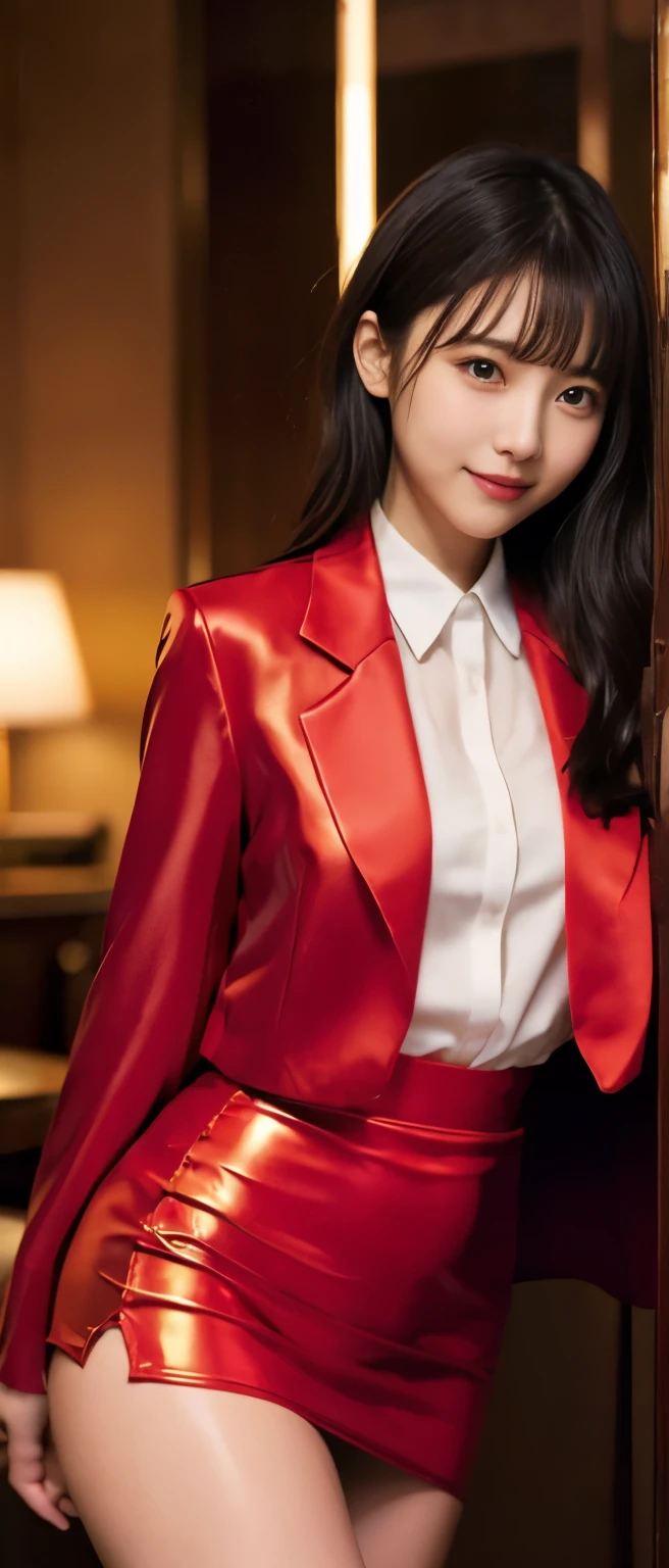 Fairytale Girl、whole body、good style、、、、Glowing shiny red suit（tight mini skirt）、、、formal jacket、、long black hair