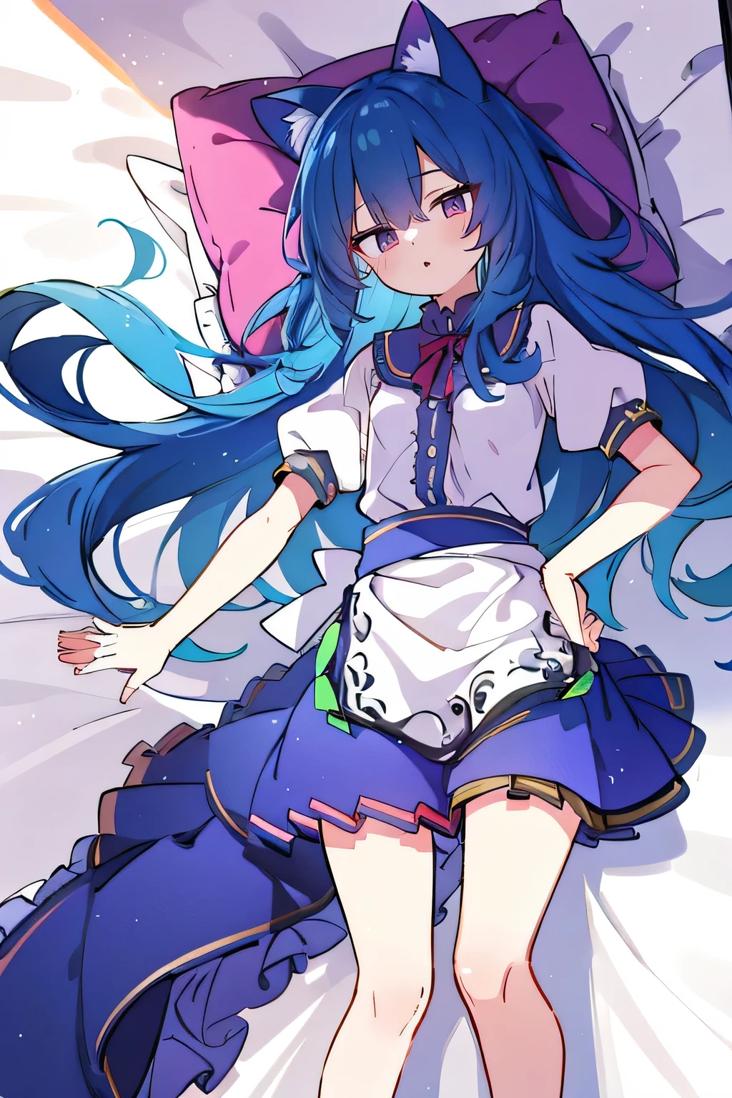 (Masterpiece), best quality, expressive eyes, perfect face, 1girl,
Put your hands on your waist, fair, gorgeous, Japanese comics, girl, Lola, young angel, blue hair, blue hair, flowing clothes, hug the waist, hug the waist, hands on hips, hands on hips, lay down , lying on the ground, legs on the ground, flat chest, cat ears