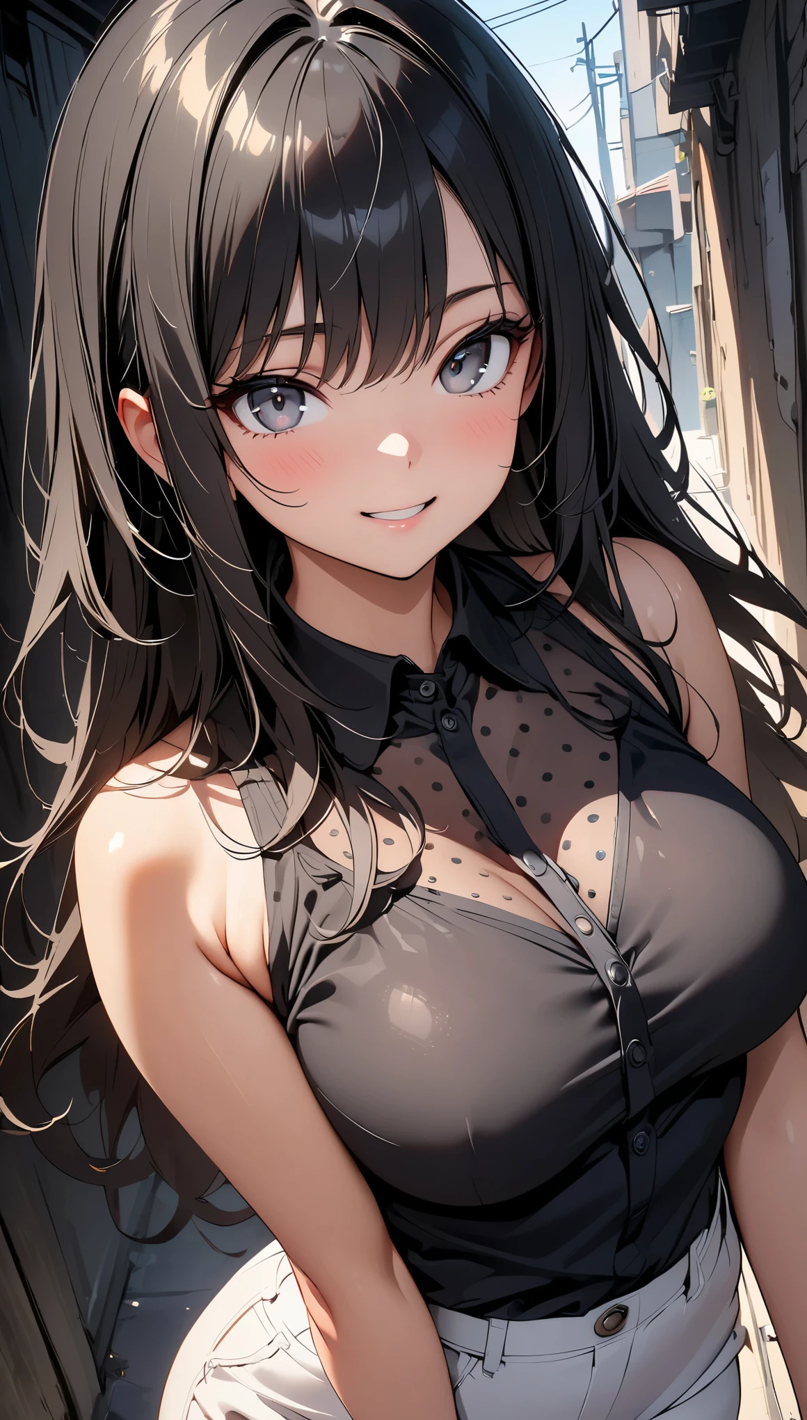 (high quality, 8k, 4k, high contrast, masterpiece:1.2, best quality, best aesthetics), (dynamic angle), Super detailed, 1 female, beautiful face details, small face, (black hair, long hair, gray eyes), shiny skin, (beautiful breasts), smile:1.2, (Black sheer top with white polka dots, White pants style), (shifting gaze, light steps), back alley, in front of a white wall, Light and shadow with attention to detail.