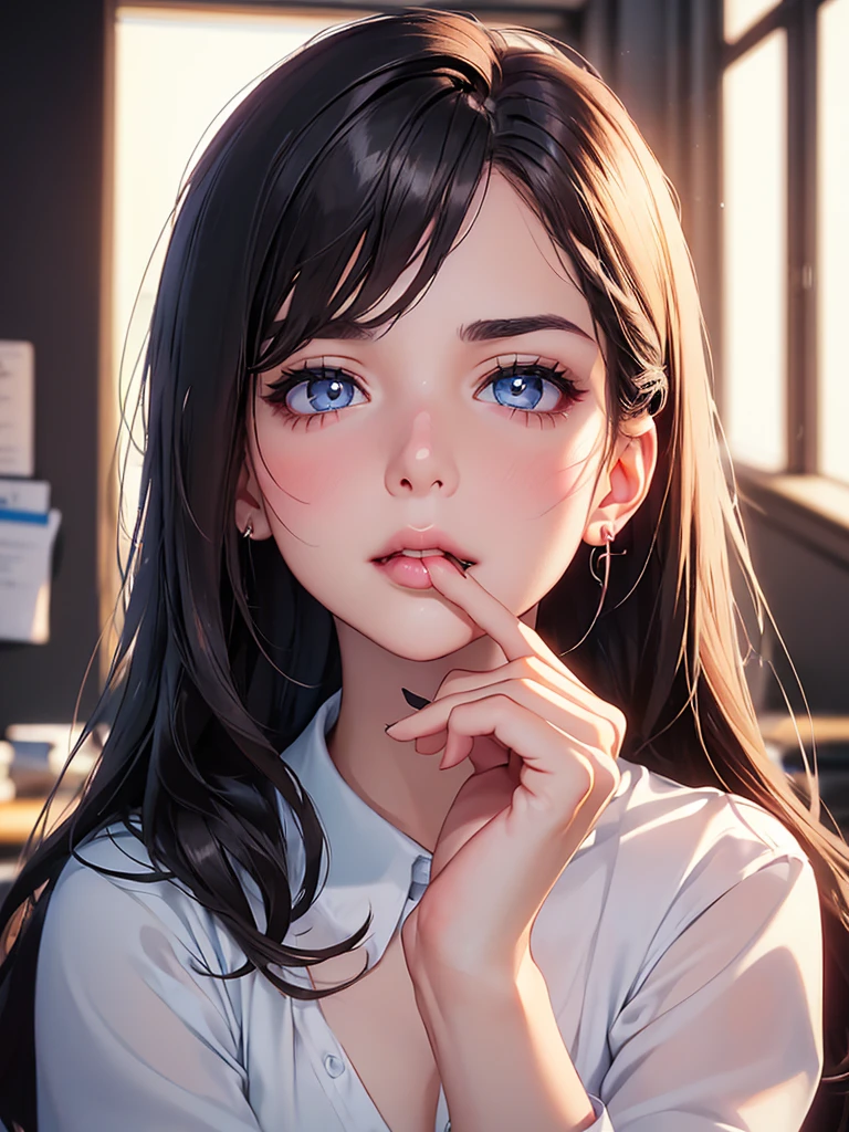 (high quality, High resolution, fine details, actual), ((((A seductive expression)))), Put your hands on my face, rely on, ((((Kiss me)))), alone, miss, ((Female office worker)), Bright Eyes, (exquisite eyes), heart shaped eyes, blush, Shallow depth of field