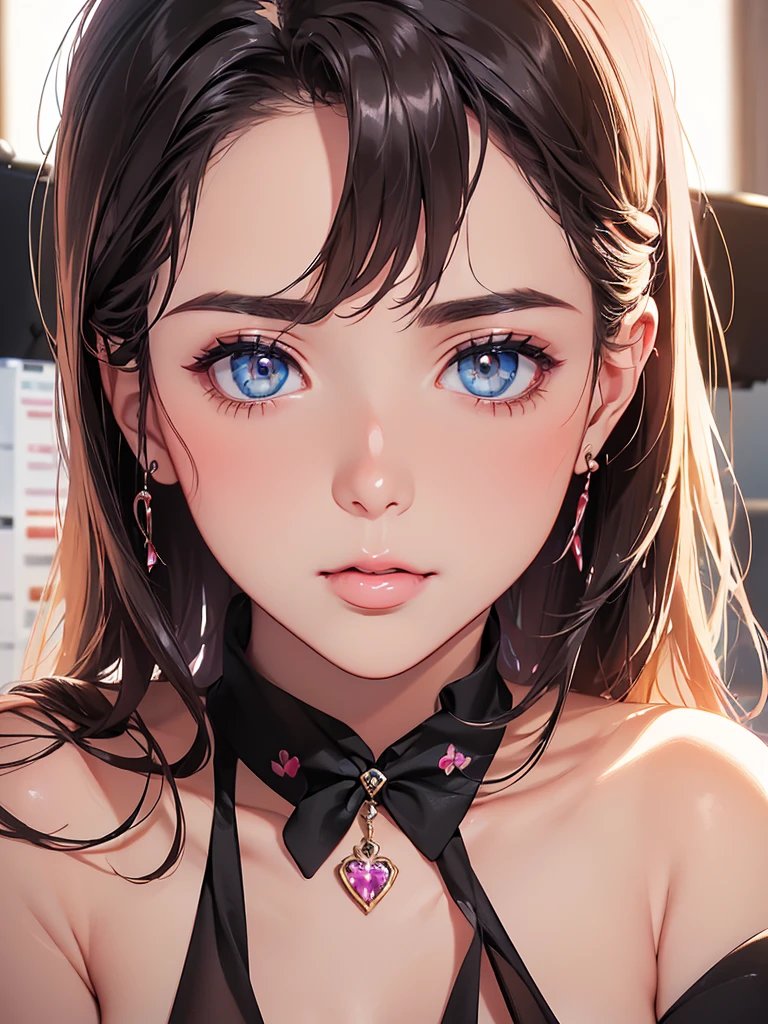 (One upper body photo), Beatiful face, Highly detailed face and skin texture, (Detailed eyes), Brown eyes, Double eyelids, Fine eyebrows, Glitter eyeliner: 1.2, Natural cheeks, Glowing skin, Fair skin, (((with schoolgirl costume))), Glitter necklace and earrings, (Glossy lips: 1. 4), (Seductive smile), (20 years old), (Wavy hair, Diagonal bangs), short hair, diadem, ((Upper body shot)), ((Focus on chest and face)), Medium large breasts, Upturned Breasts.