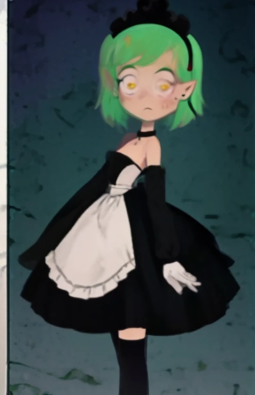 masterpiece, best quality, amity_blight, S1 hair, looking at viewer, blush, short hair, open mouth, smile, thighhighs, gloves, dress, bare shoulders, brown eyes, yellow eyes, green hair, multicolored hair, flat chest, alternate costume, choker, pointy ears, elbow gloves, black thighhighs, white gloves, apron, black dress, maid, maid headdress, strapless, black choker, short dress, waist apron, strapless dress, maid apron, wide-eyed, enmaided, outdoors,