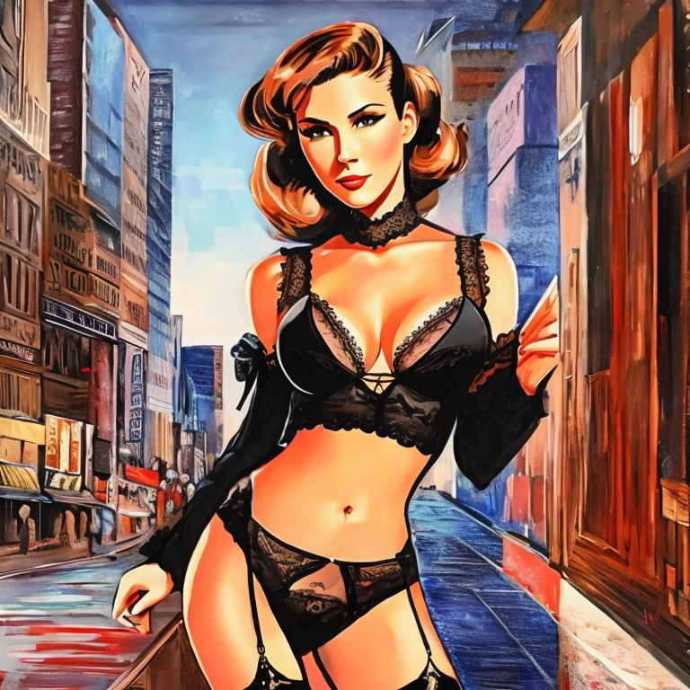 A sensual Rachel Cook, wearing stockings and black lingerie, large breasts, cleavage, pin-up painting from the '50s, in the art style of Gil Elvgren, award-winning, masterpiece