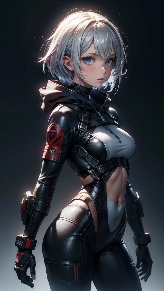 (Highly detailed CG unit 8k wallpaper, masterpiece, High resolution, highest quality, natural skin texture), ((20 year old woman, Composition from head to abdomen:1.5, upper body focus:1.5)), Hands in pockets pose:1.5, detailed eyes, gradient eyes, hooded hoodie, Asymmetrical punk short hair:1.2, Ash gray hair color, high contrast, hyper realistic, digital painting, concept art,