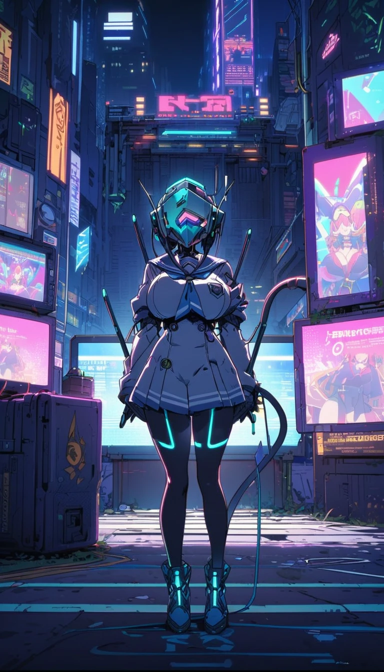 TV screen head robot girl high school sailor uniform big breasts Wire plug tail sci-fi city full-body shot