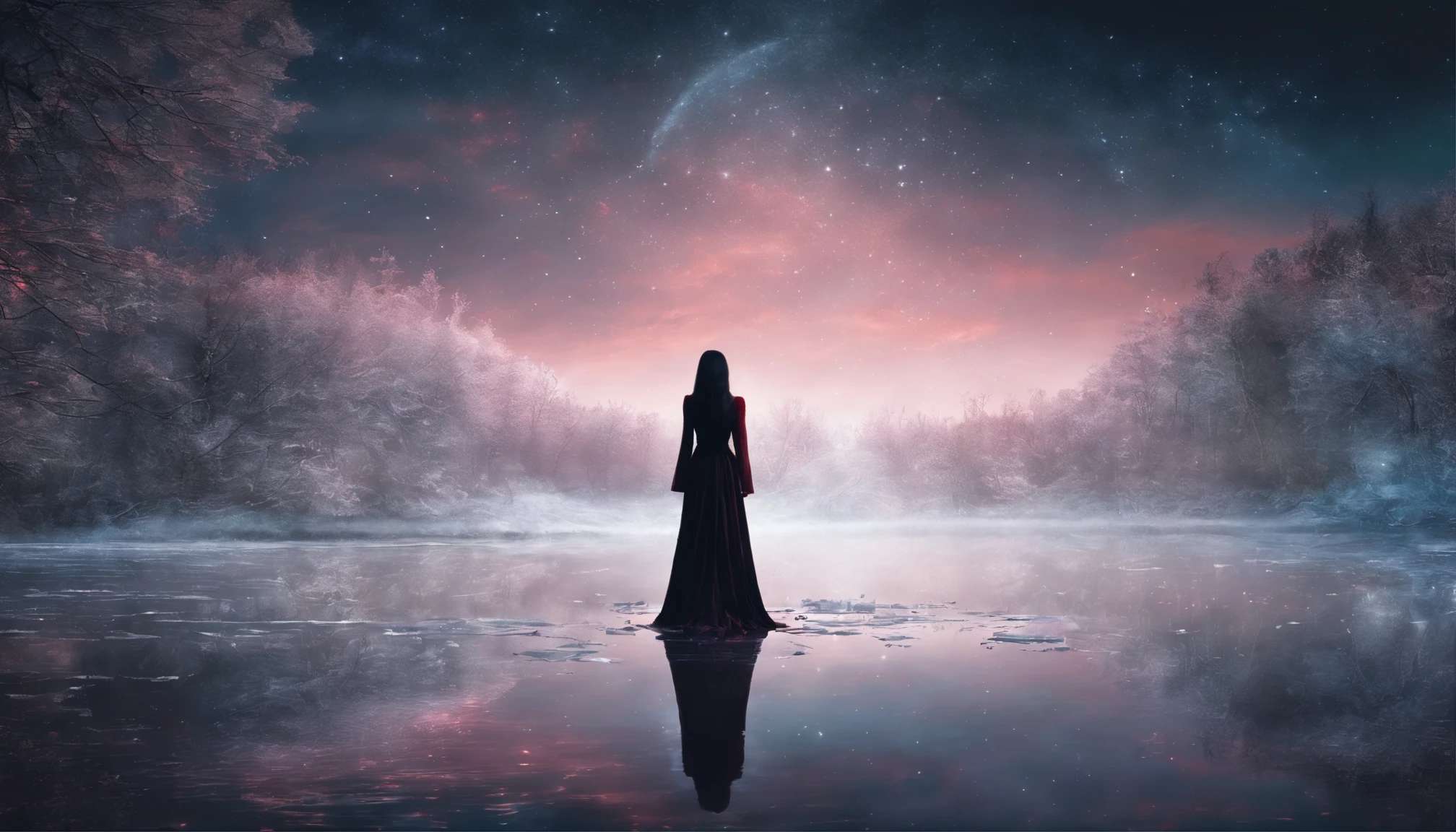 Photograph of the process that takes place in the text-to-image software with artificial intelligence in the first moments of generation.Beautiful woman with long straight hair with black hair and red highlights、sharp eye、Red Eyeliner、long lashes、Red Eyes、Fluttering and snow-white dress、Standing on a lake of mirrored water、Full body projection、Starry sky background
