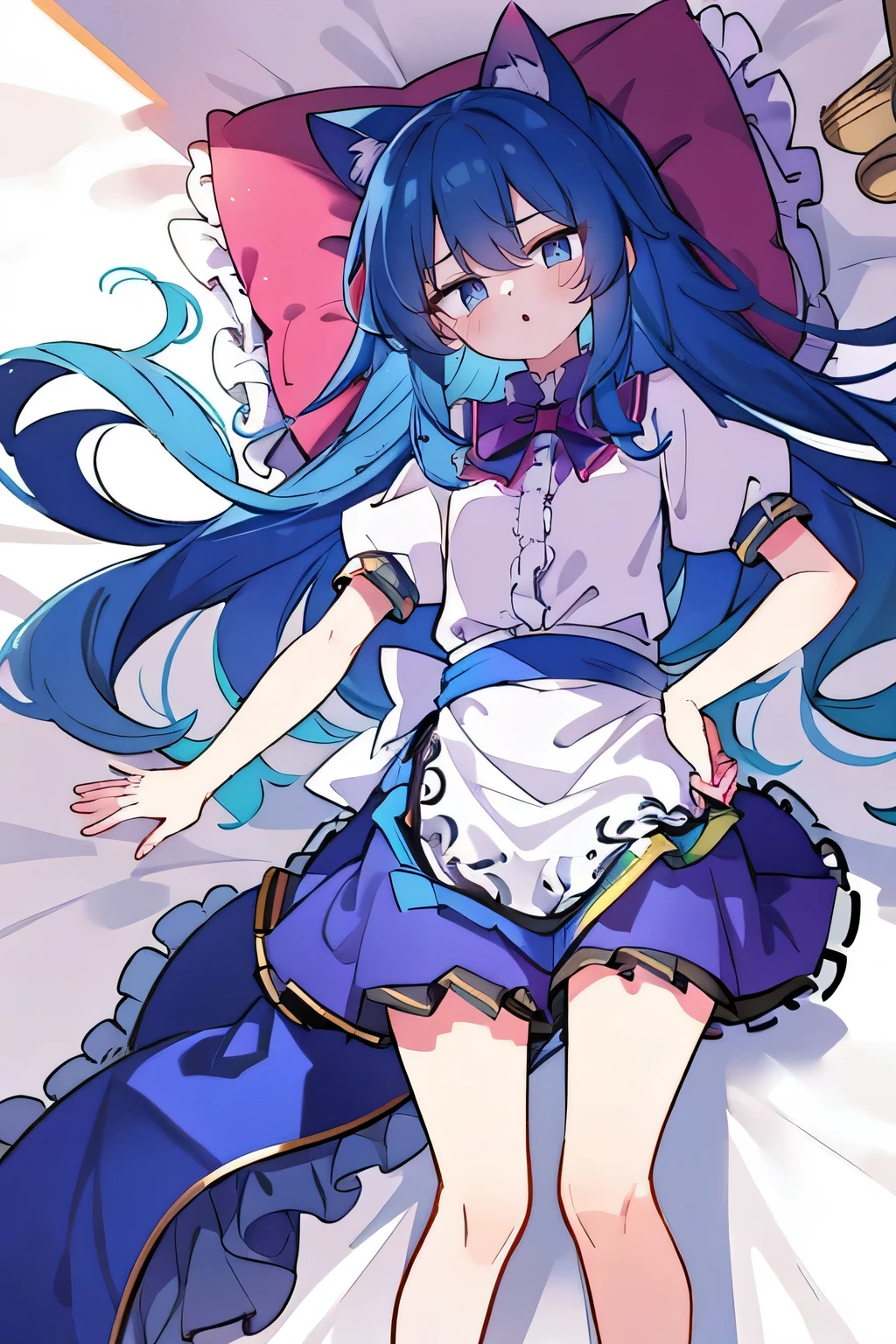 (Masterpiece), best quality, expressive eyes, perfect face, 1girl,
Put your hands on your waist, fair, gorgeous, Japanese comics, girl, Lola, young angel, blue hair, blue hair, flowing clothes, hug the waist, hug the waist, hands on hips, hands on hips, lay down , lying on the ground, legs on the ground, flat chest, cat ears