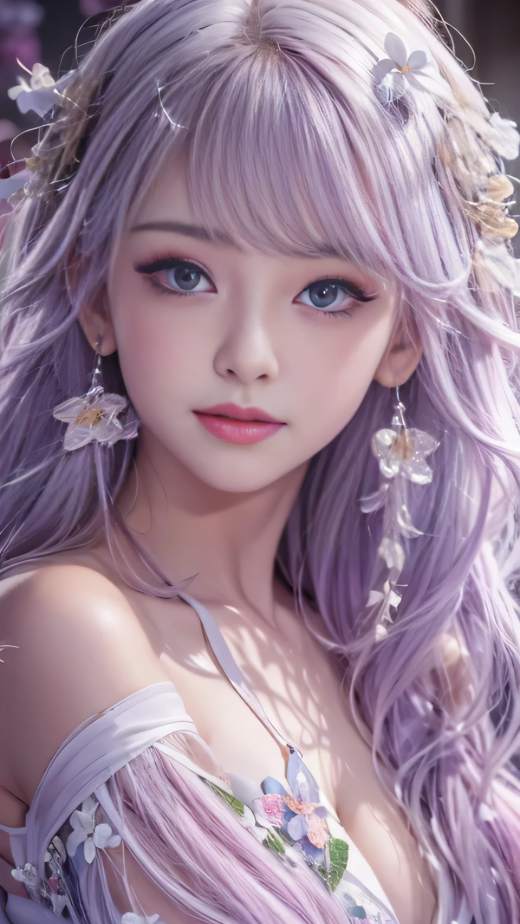  masterpiece, 8K, table top, Raw photo, wonderful, 最high quality, Photorealistic and hvery detailed CG integrated 8K wallpaper, high quality, very detailed, Narrative poem, particle effects, dynamic effects, Depth of written boundary, cinematic light, Lens flare, ray tracing, anatomically accurate, fantasy, 1 beautiful woman, ((lilac hair)), clear eyes, long hair, beautiful face, real face, Dense and beautiful eyes, beautiful skin, dancing woman, Gracefully dancing woman, long hairが風でなびく, long hairが跳ねる, long hairが風で舞い上がる, hair bounces, jewelry, beautiful eyes, （Translucent white robe）、（pink feather robe、Layering）  White cherry blossom embroidery pattern, silver earrings,, hair color is light purple、（milky way galaxy）、