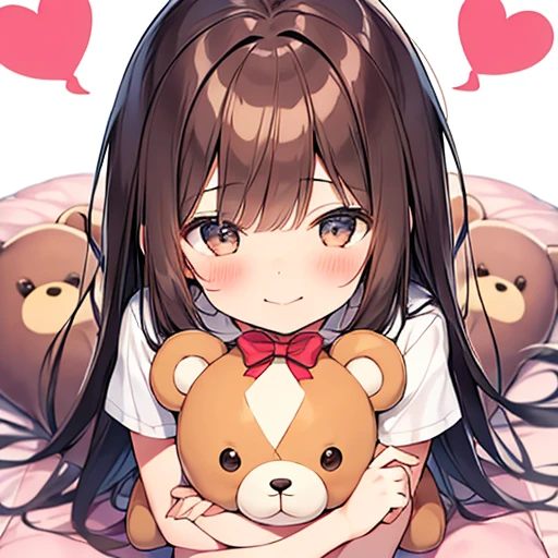 Happy , brown hair, Girl holding a big heart, shining heart, Cuddly heart teddy bear, brown eyes, Happy, Simple Chibi, とてもcute, adorable, cute, Big eyes, A giant stuffed heart in his hands, sit on the floor, I can see the whole body, cute小さな足, Heart-shaped stuffed toy, Girl hugging a heart-shaped stuffed toy