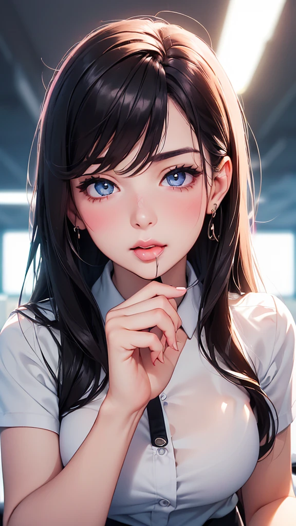 (high quality, High resolution, fine details, actual), ((((A seductive expression)))), Put your hands on my face, rely on, ((((Kiss me)))), alone, miss, ((Female office worker)), Bright Eyes, (exquisite eyes), heart shaped eyes, blush, Shallow depth of field
