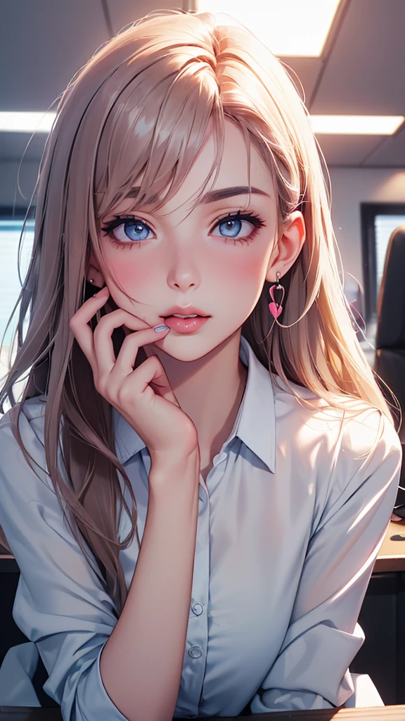 (high quality, High resolution, fine details, actual), ((((A seductive expression)))), Put your hands on my face, rely on, ((((Kiss me)))), alone, miss, ((Female office worker)), Bright Eyes, (exquisite eyes), heart shaped eyes, blush, Shallow depth of field