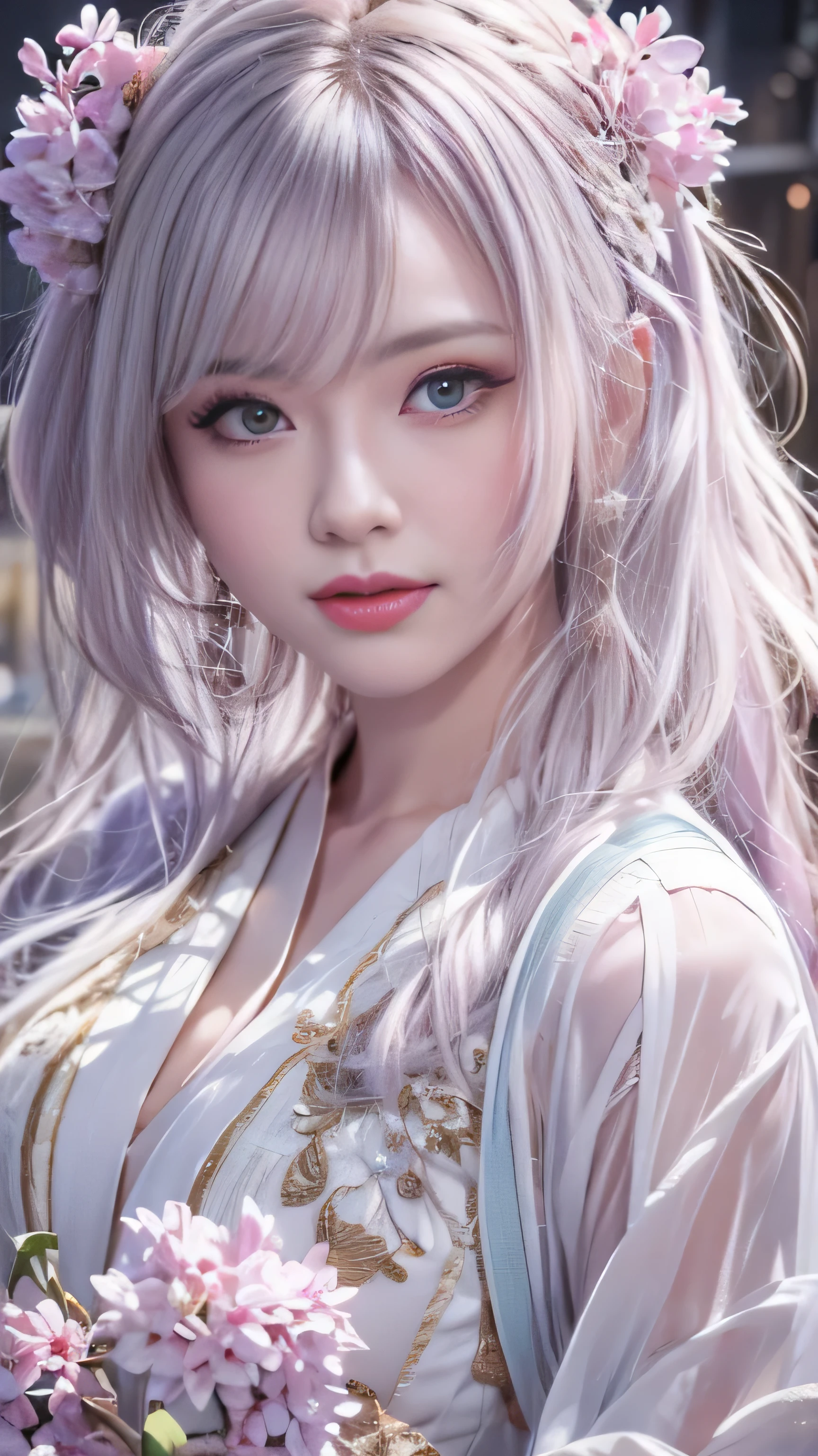  masterpiece, 8K, table top, Raw photo, wonderful, 最high quality, Photorealistic and hvery detailed CG integrated 8K wallpaper, high quality, very detailed, Narrative poem, particle effects, dynamic effects, Depth of written boundary, cinematic light, Lens flare, ray tracing, anatomically accurate, fantasy, 1 beautiful woman, ((lilac hair)), clear eyes, long hair, beautiful face, real face, Dense and beautiful eyes, beautiful skin, dancing woman, Gracefully dancing woman, long hairが風でなびく, long hairが跳ねる, long hairが風で舞い上がる, hair bounces, jewelry, beautiful eyes, （Translucent white robe）、（pink feather robe、Layering）  White cherry blossom embroidery pattern, silver earrings,, hair color is light purple、（milky way galaxy）、