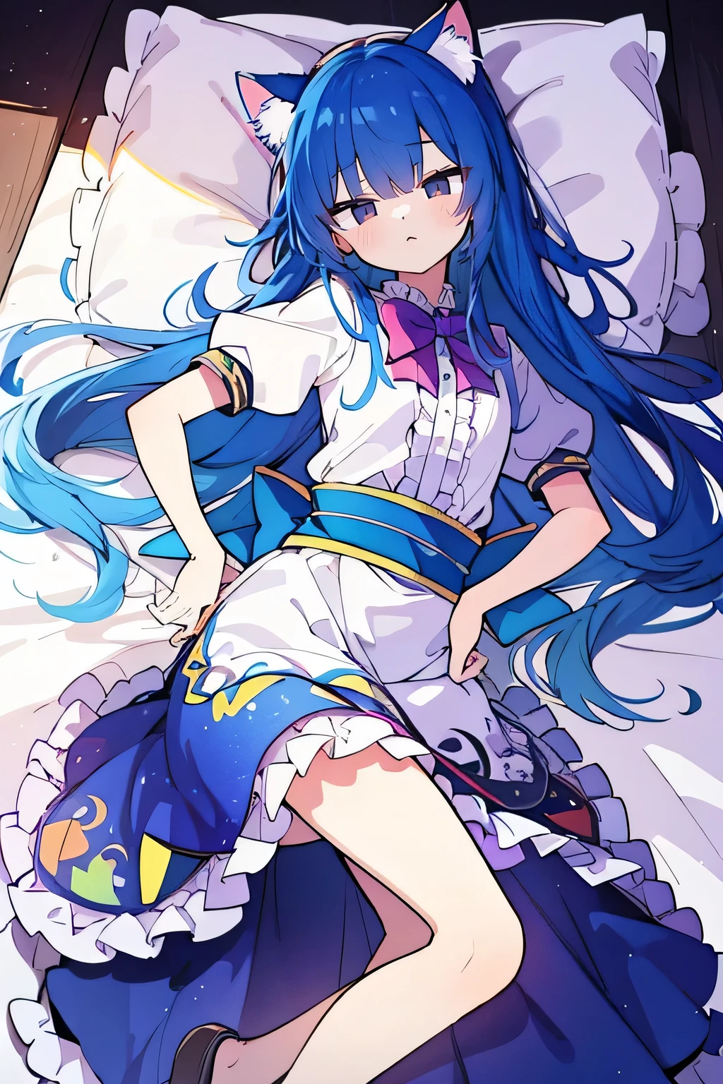 (Masterpiece), best quality, expressive eyes, perfect face, 1girl,
Put your hands on your waist, fair, gorgeous, Japanese comics, girl, Lola, young angel, blue hair, blue hair, flowing clothes, hug the waist, hug the waist, hands on hips, hands on hips, lay down , lying on the ground, legs on the ground, flat chest, cat ears