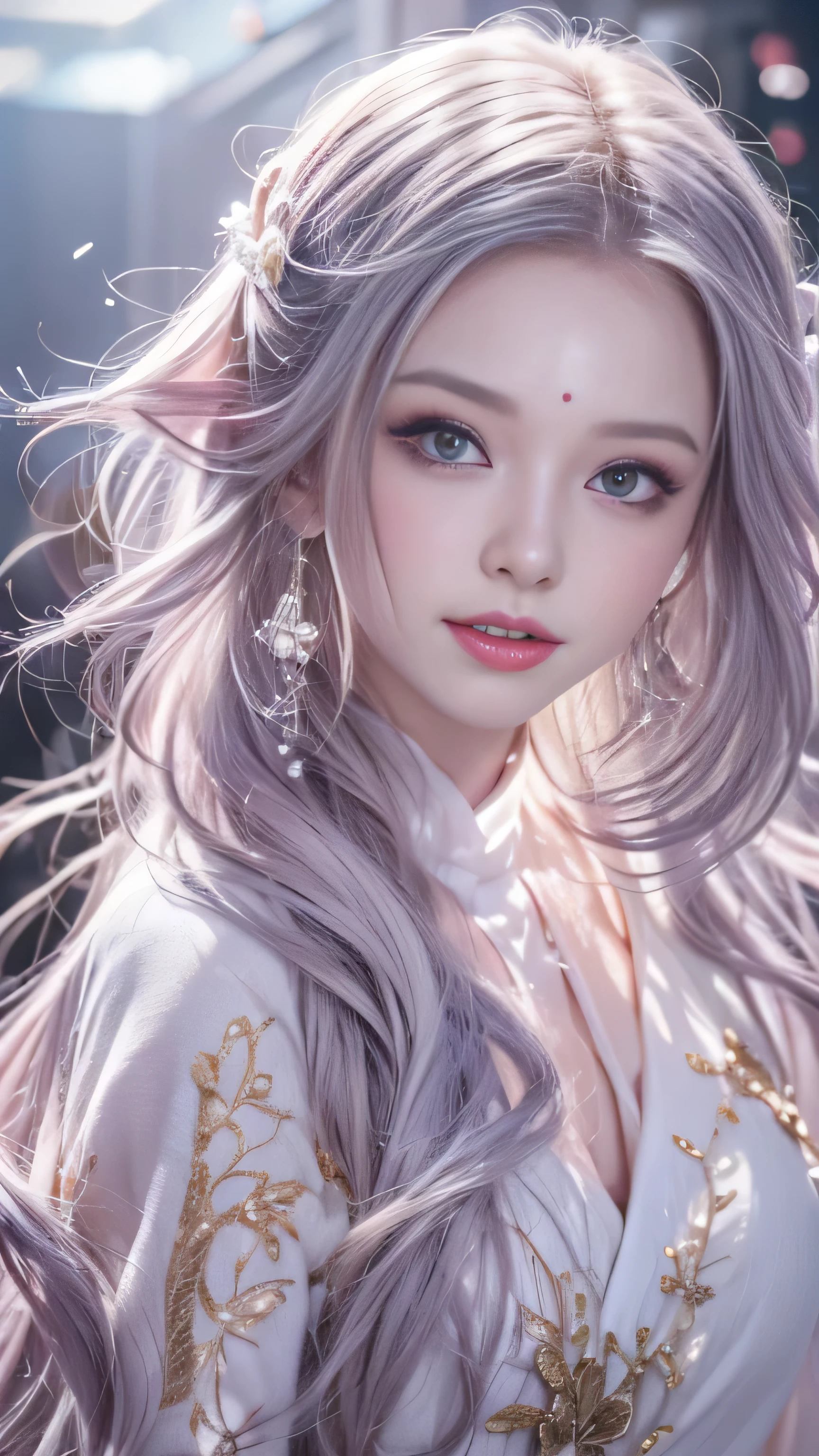 masterpiece, 8K, table top, Raw photo, wonderful, 最high quality, Photorealistic and hvery detailed CG integrated 8K wallpaper, high quality, very detailed, Narrative poem, particle effects, dynamic effects, Depth of written boundary, cinematic light, Lens flare, ray tracing, anatomically accurate, fantasy, 1 beautiful woman, ((lilac hair)), clear eyes, long hair, beautiful face, real face, Dense and beautiful eyes, beautiful skin, dancing woman, Gracefully dancing woman, long hairが風でなびく, long hairが跳ねる, long hairが風で舞い上がる, hair bounces, jewelry, beautiful eyes, (Translucent white robe)、(pink feather robe、Layering) White cherry blossom embroidery pattern, silver earrings,, Her hair color is light pink.、(milky way galaxy)、