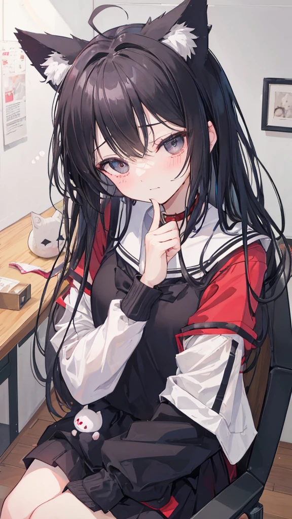 black hair、Cat ear、、angelic smile、blushing cheeks、small breasts、、sleepy eyeaid clothes、yawning、stuffed toy、Ahoge、happy eyes、Emotionally-intense、black eyes、excited face、AA Cup、A slightly sulky face、is seperated、sailor suit、desk and chair、study、Questionable face、A question mark appears、Watching from the front、resting on chin、sitting、Very tired、、two arms、girl sitting、((red collar))