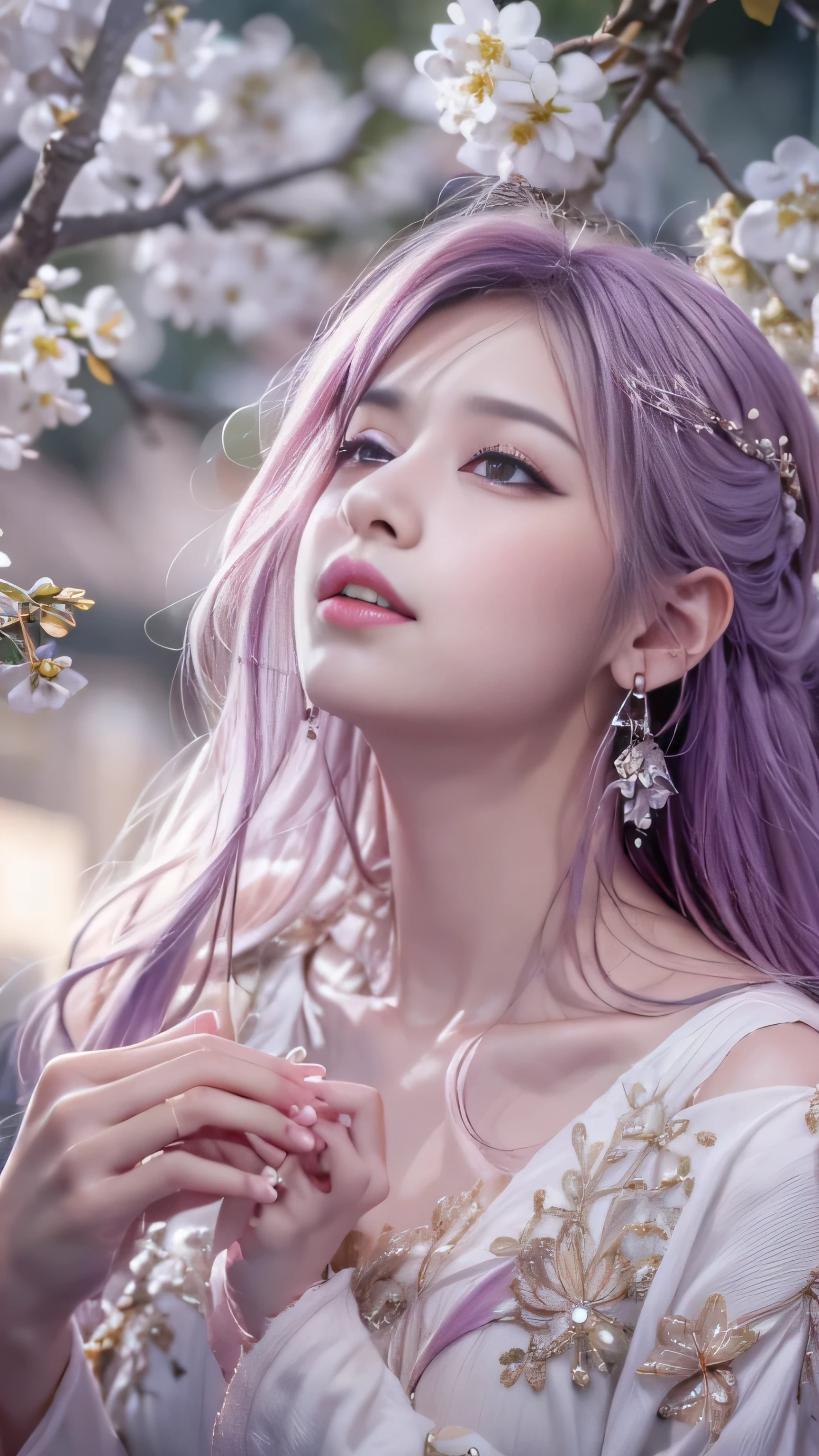 masterpiece, 8K, table top, Raw photo, wonderful, 最high quality, Photorealistic and hvery detailed CG integrated 8K wallpaper, high quality, very detailed, Narrative poem, particle effects, dynamic effects, Depth of written boundary, cinematic light, Lens flare, ray tracing, anatomically accurate, fantasy, 1 beautiful woman, ((lilac hair)), clear eyes, long hair, beautiful face, real face, Dense and beautiful eyes, beautiful skin, dancing woman, Gracefully dancing woman, long hairが風でなびく, long hairが跳ねる, long hairが風で舞い上がる, hair bounces, beautiful eyes, ((No sleeve))、sleeveless、((She is raising her hands to show off her beautiful armpits))、、(Off-the-shoulder semi-transparent white robe)、(Off-the-shoulder semi-transparent pink robe、Layering) White cherry blossom embroidery pattern, silver earrings,, Her hair color is light pink.、(milky way galaxy)、