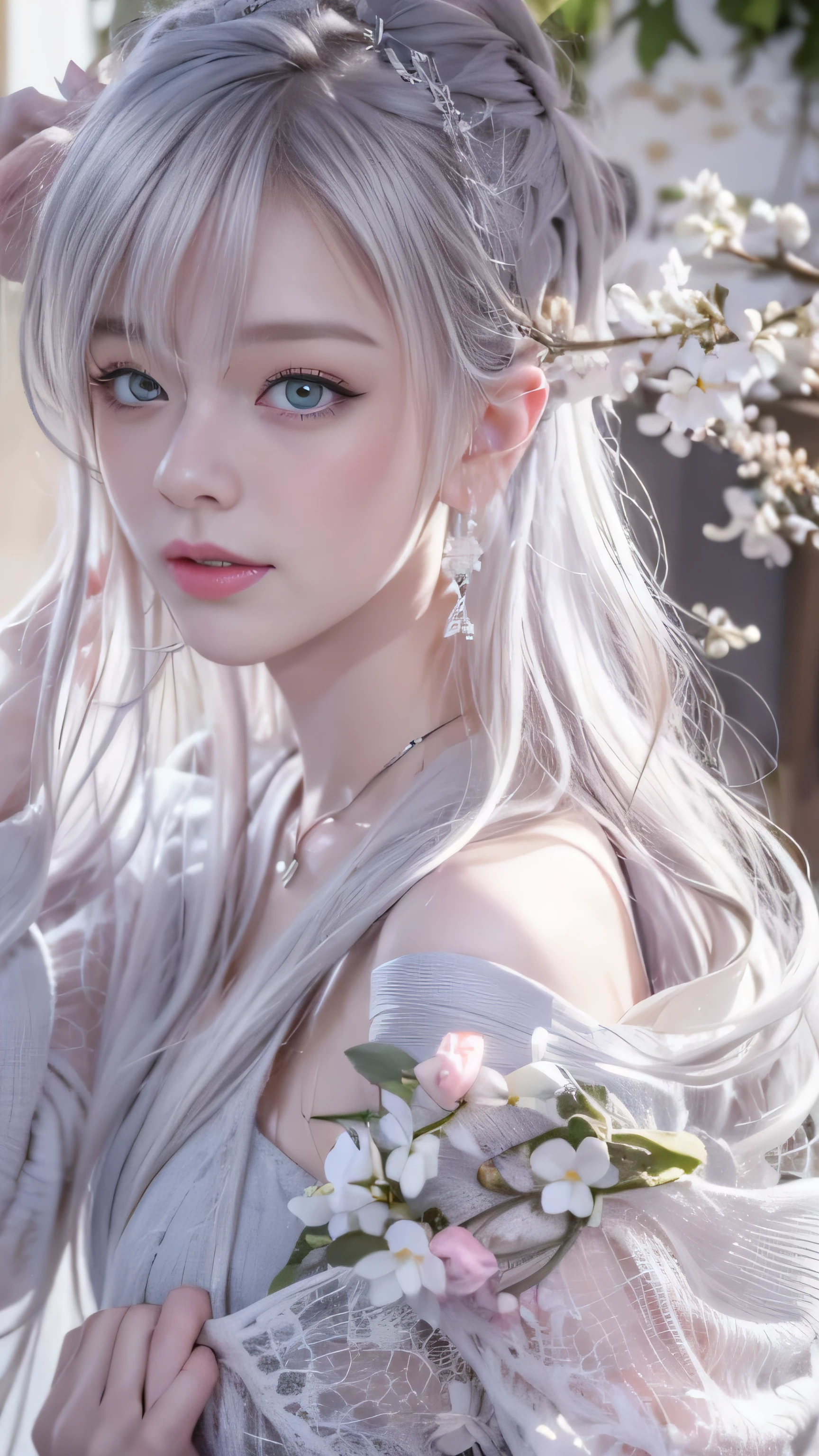  masterpiece, 8K, table top, Raw photo, wonderful, 最high quality, Photorealistic and hvery detailed CG integrated 8K wallpaper, high quality, very detailed, Narrative poem, particle effects, dynamic effects, Depth of written boundary, cinematic light, Lens flare, ray tracing, anatomically accurate, fantasy, 1 beautiful woman, ((lilac hair)), clear eyes, long hair, beautiful face, real face, Dense and beautiful eyes, beautiful skin, dancing woman, Gracefully dancing woman, long hairが風でなびく, long hairが跳ねる, long hairが風で舞い上がる, hair bounces, beautiful eyes, ((No sleeve))、sleeveless、（(She is raising her hands to show off her beautiful armpits）)、、（Off-the-shoulder semi-transparent white robe）、（Off-the-shoulder semi-transparent pink robe、Layering）  White cherry blossom embroidery pattern, silver earrings,, Her hair color is light pink.、（milky way galaxy）、