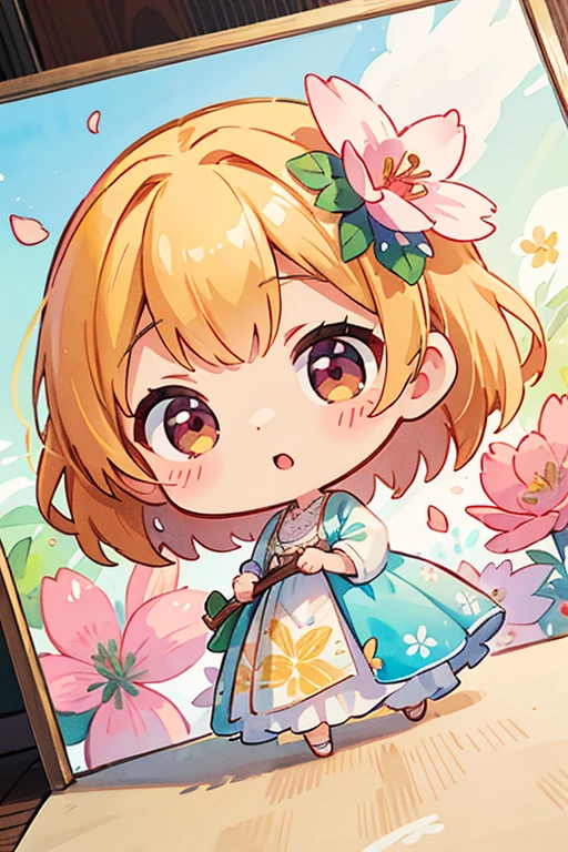 photo realistic、Nendoroids in wedding dresses standing in front of a painting、laughter、Watercolor Nendoroid、(high definition figures)、flowing iridescent silk、close up of face、eye up、heart pattern colored contact lenses、floral dress、There are also flowers in front of the Nendoroid.、petal、season!!: summer☀ 🍂