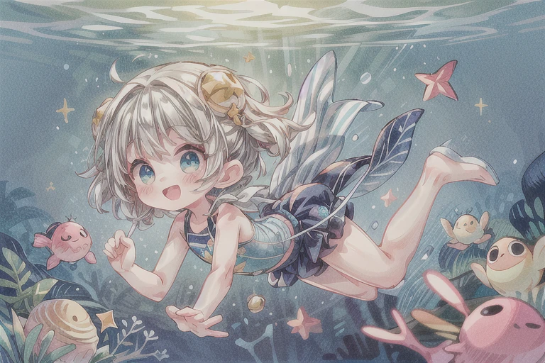 #quality(8k,wallpaper of extremely detailed CG unit, masterpiece,hight resolution,top-quality,top-quality real texture skin,hyper realisitic,increase the resolution,RAW photos,best qualtiy,highly detailed,the wallpaper),(colorful),solo, #1 girl( cute, kawaii,small kid, cosmic colored blite hair,cosmic colored eyes,big eyes,eyes are shining,cute swim wear,swim,dynamic pose, dynamic angle,smile,full body),#background(many sparklings,under the beautiful sea,many beautiful fishes ,beautiful shells,many small shiny bubbles),